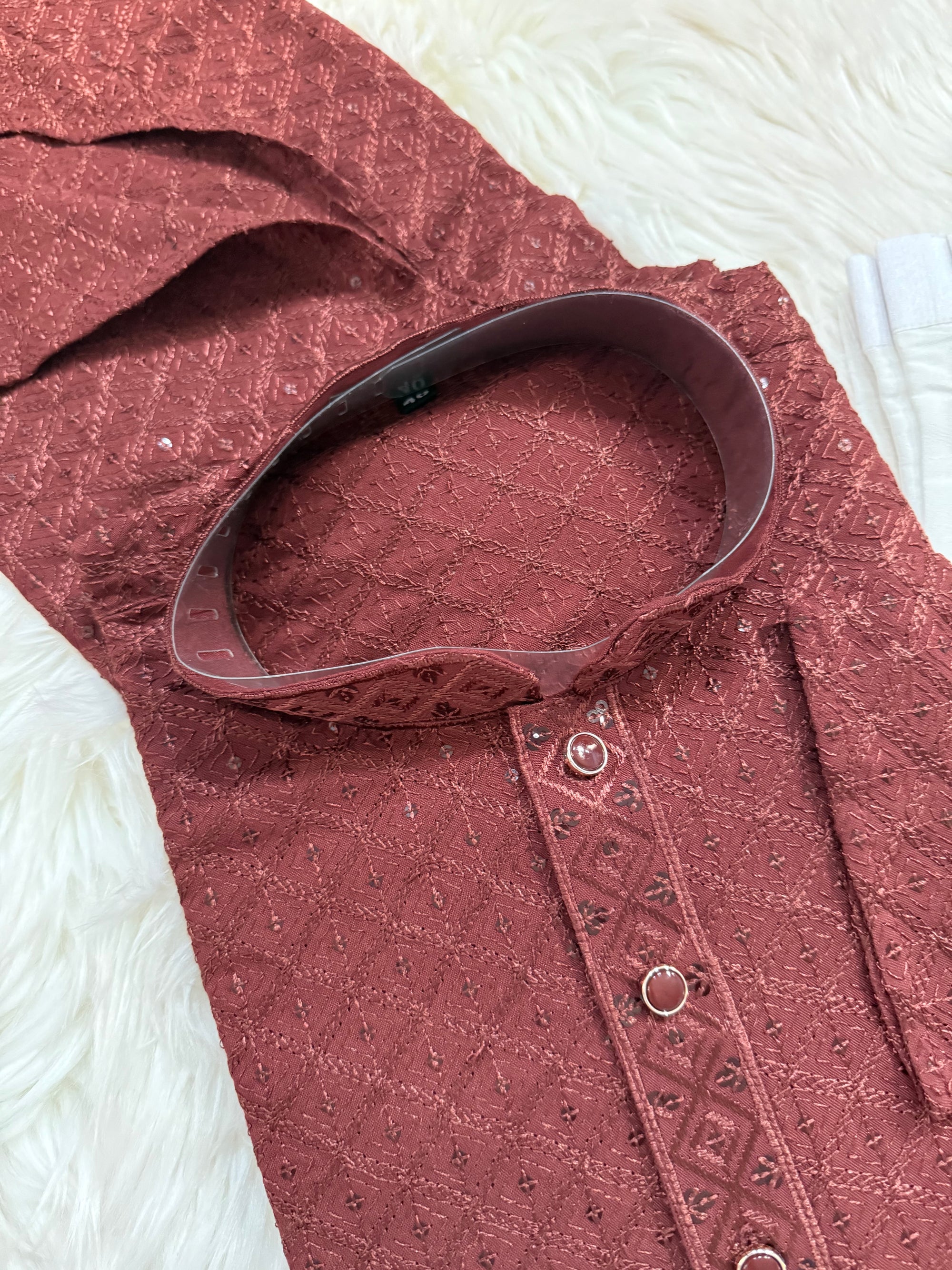 Men’s Designer Chikankari Kurta Pajama Set in Copper Brown with Sequin Detailing, Man KP - 1813