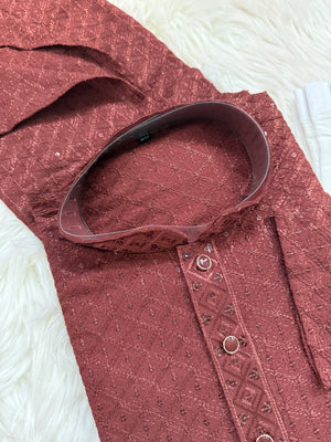 Men’s Designer Chikankari Kurta Pajama Set in Copper Brown with Sequin Detailing, Man KP - 1813