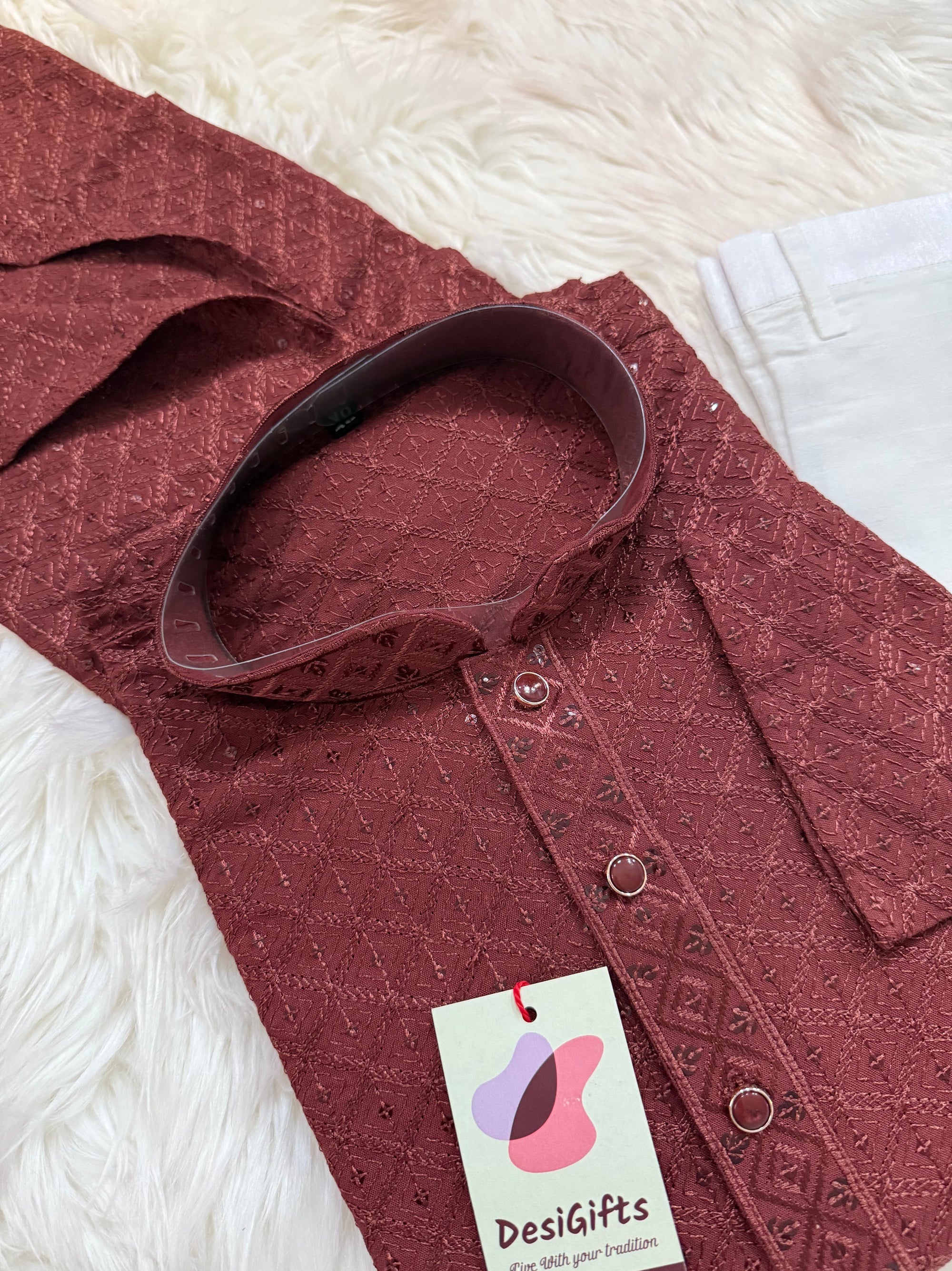 Men’s Designer Chikankari Kurta Pajama Set in Copper Brown with Sequin Detailing, Man KP - 1813