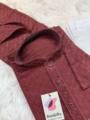 Men’s Designer Chikankari Kurta Pajama Set in Copper Brown with Sequin Detailing, Man KP - 1813