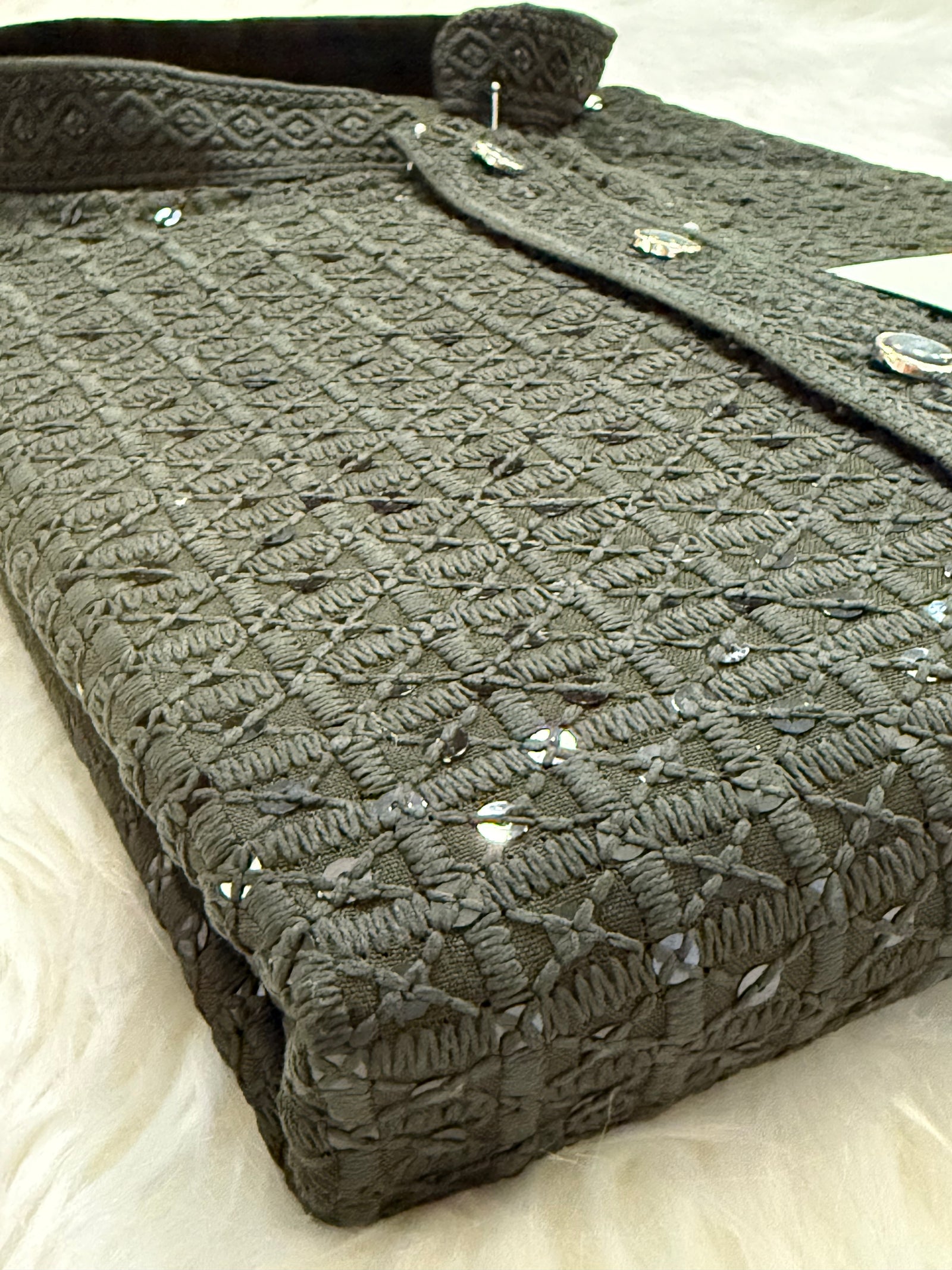 Trendy Kurta Pajama Set for Man in Henna Green Shade, Chikankari Embroidery with Sequins Pattern, Indian Party wear, KP - 1814