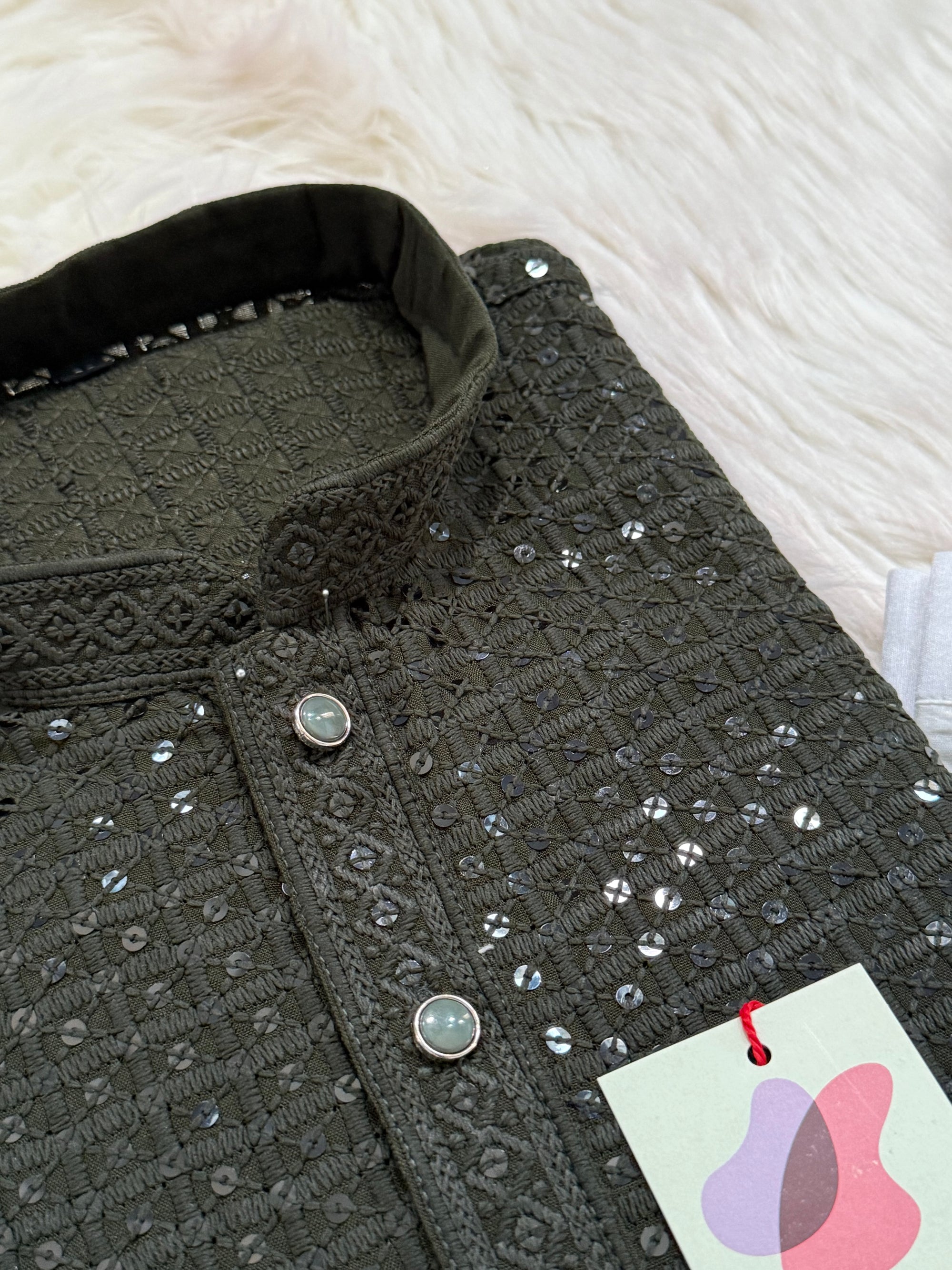 Trendy Kurta Pajama Set for Man in Henna Green Shade, Chikankari Embroidery with Sequins Pattern, Indian Party wear, KP - 1814