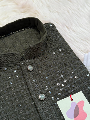 Trendy Kurta Pajama Set for Man in Henna Green Shade, Chikankari Embroidery with Sequins Pattern, Indian Party wear, KP - 1814