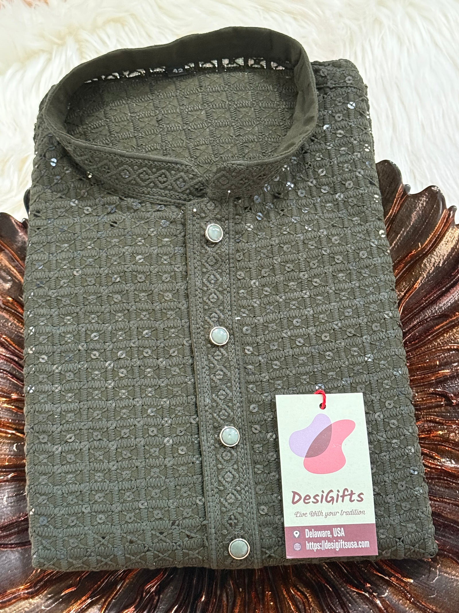 Trendy Kurta Pajama Set for Man in Henna Green Shade, Chikankari Embroidery with Sequins Pattern, Indian Party wear, KP - 1814