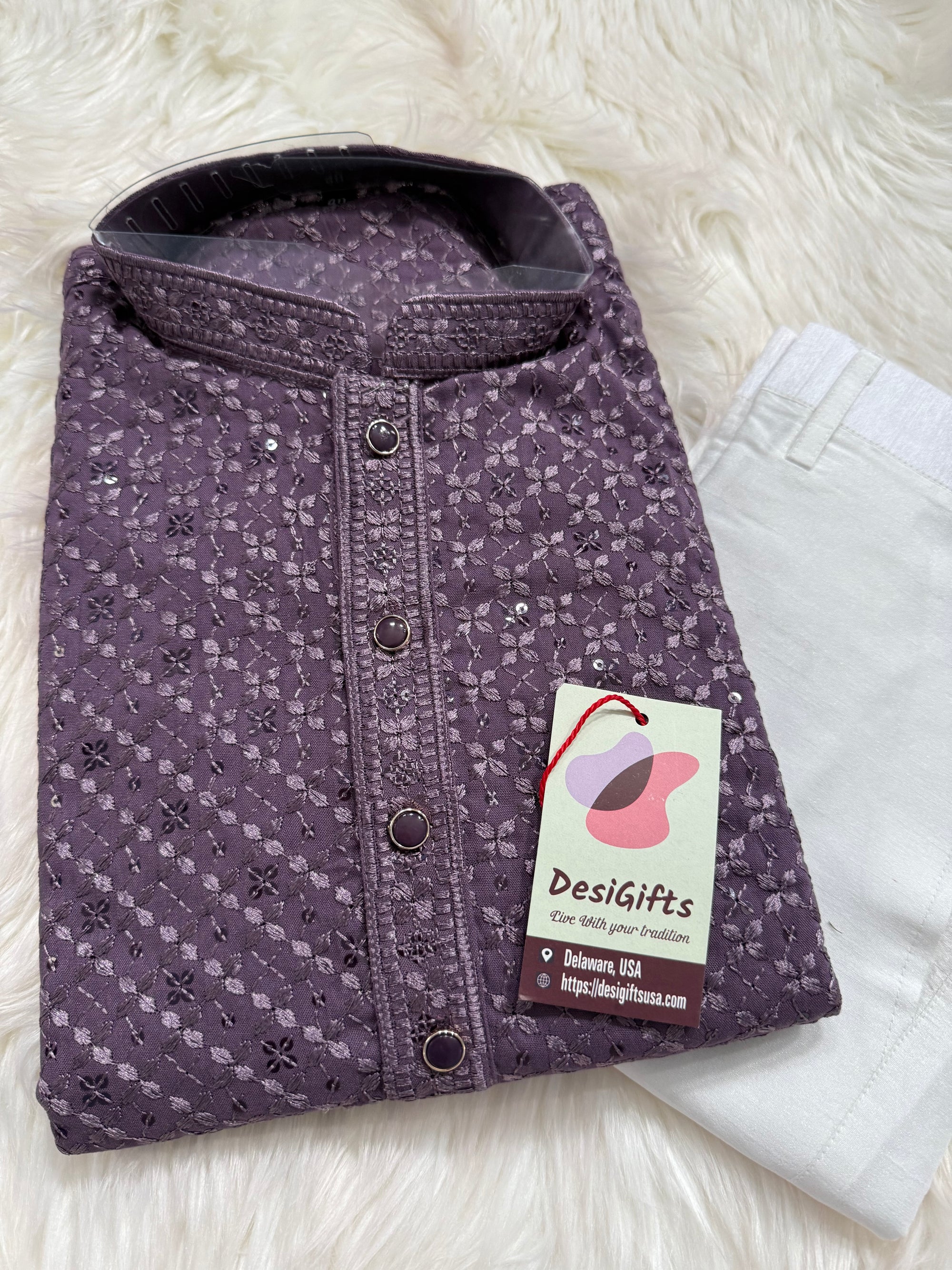 Men’s Designer Chikankari Kurta Pajama Set in Eggplant Purple Shade with Sequin Detailing, Man KP - 1815