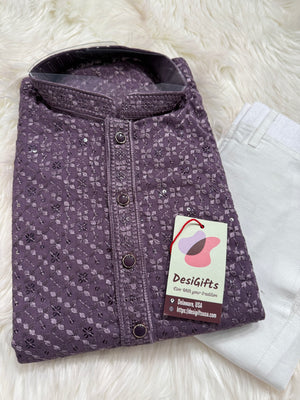 Men’s Designer Chikankari Kurta Pajama Set in Eggplant Purple Shade with Sequin Detailing, Man KP - 1815