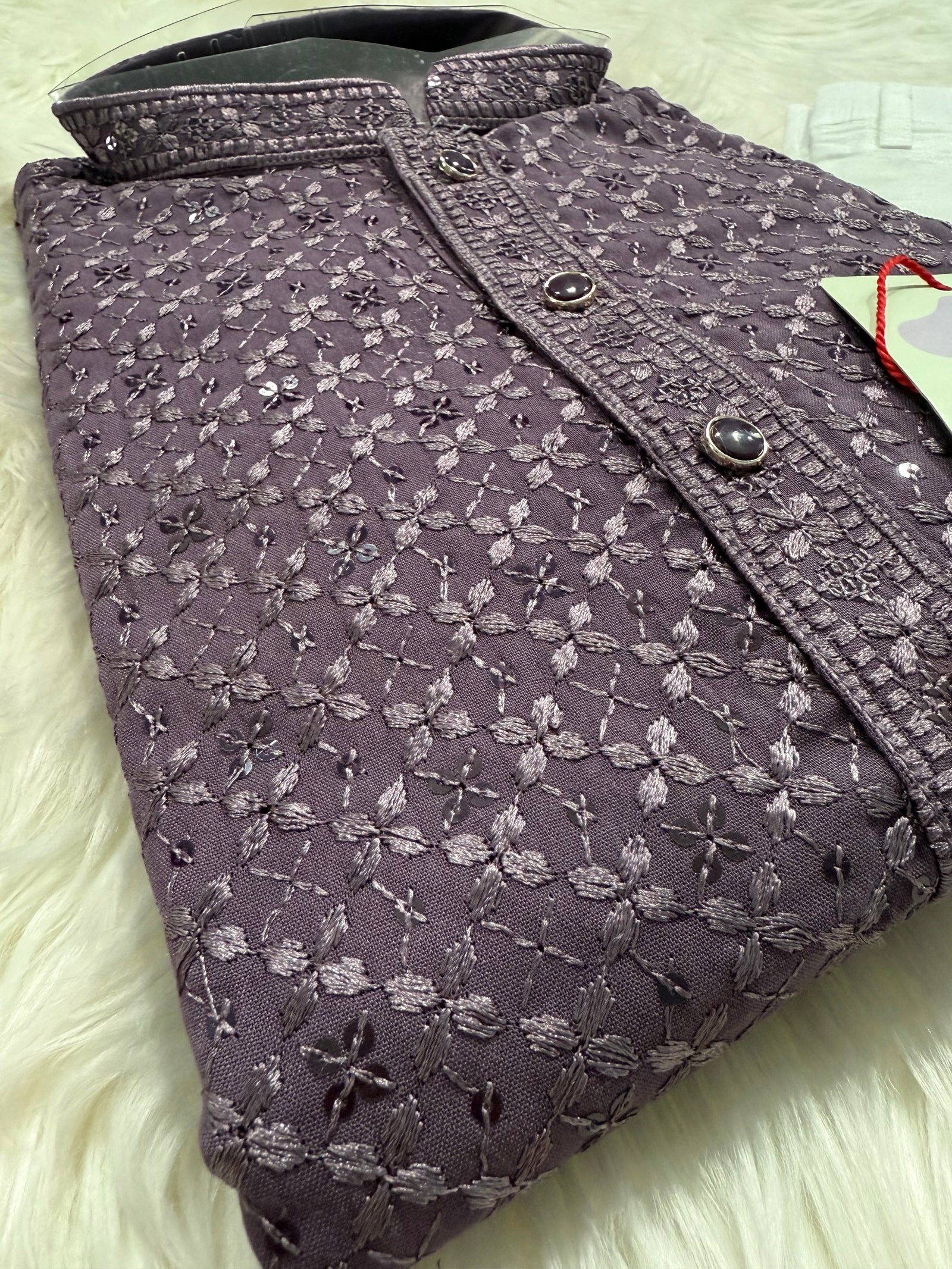 Men’s Designer Chikankari Kurta Pajama Set in Eggplant Purple Shade with Sequin Detailing, Man KP - 1815