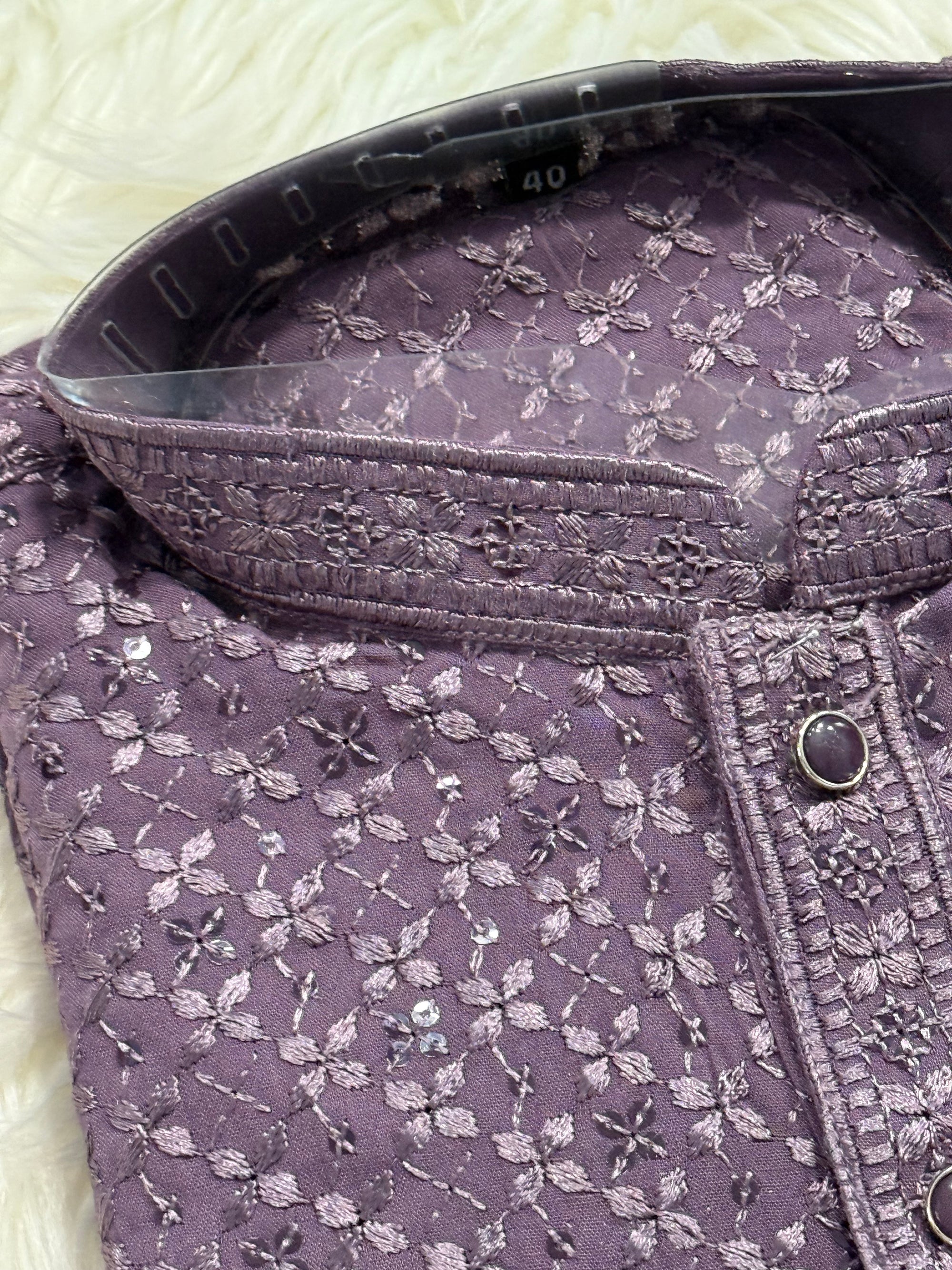 Men’s Designer Chikankari Kurta Pajama Set in Eggplant Purple Shade with Sequin Detailing, Man KP - 1815