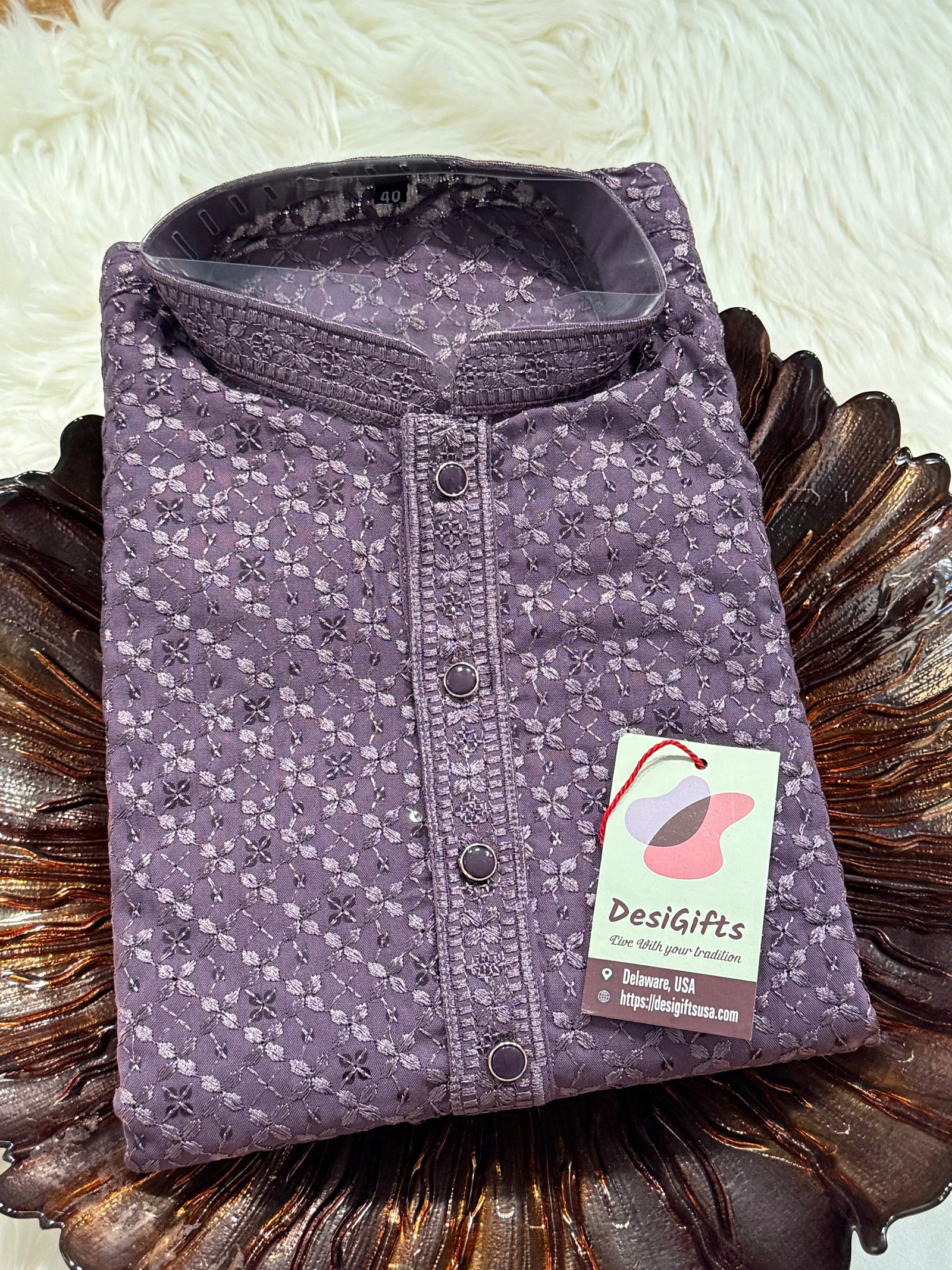 Men’s Designer Chikankari Kurta Pajama Set in Eggplant Purple Shade with Sequin Detailing, Man KP - 1815