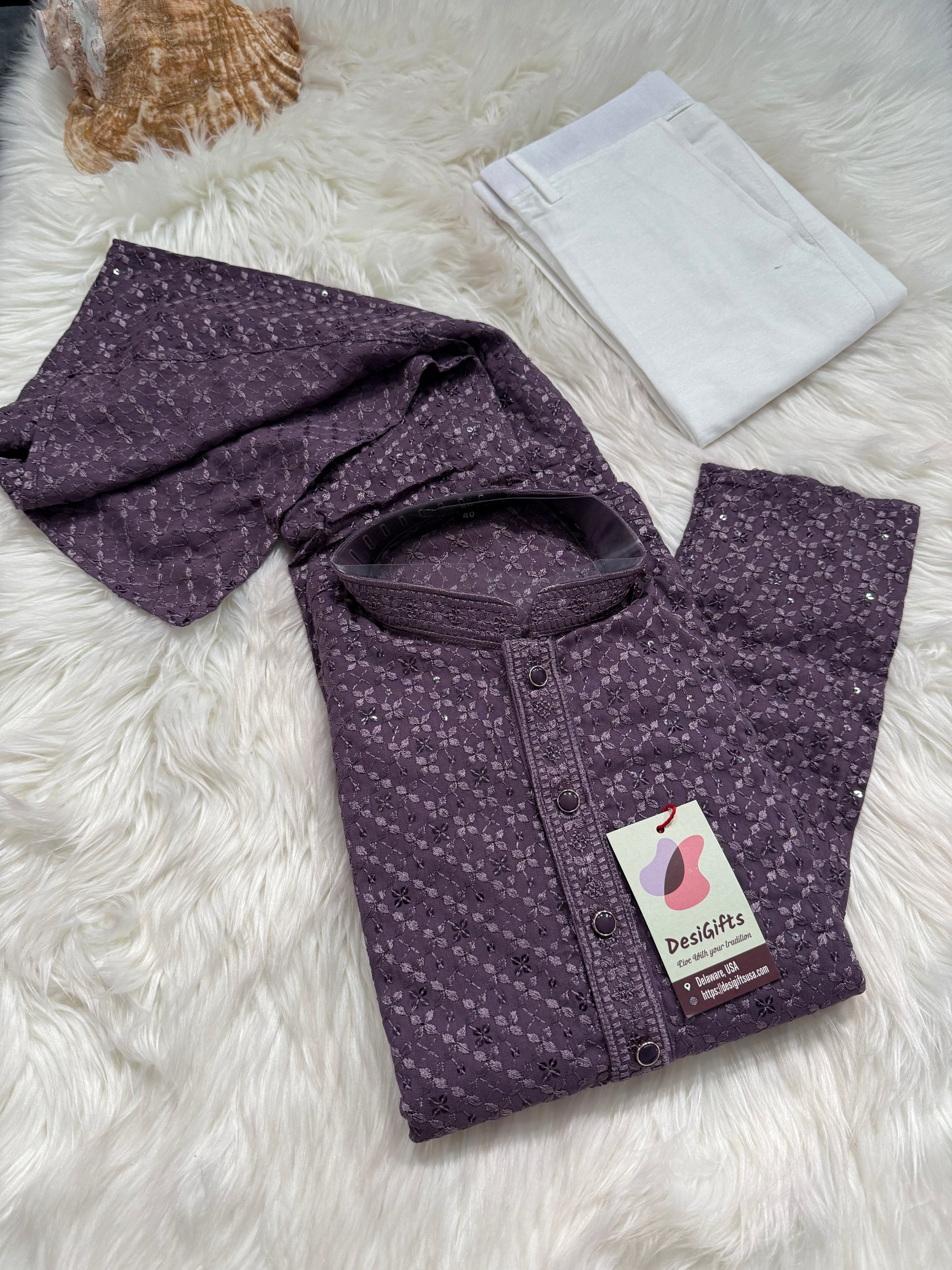 Men’s Designer Chikankari Kurta Pajama Set in Eggplant Purple Shade with Sequin Detailing, Man KP - 1815