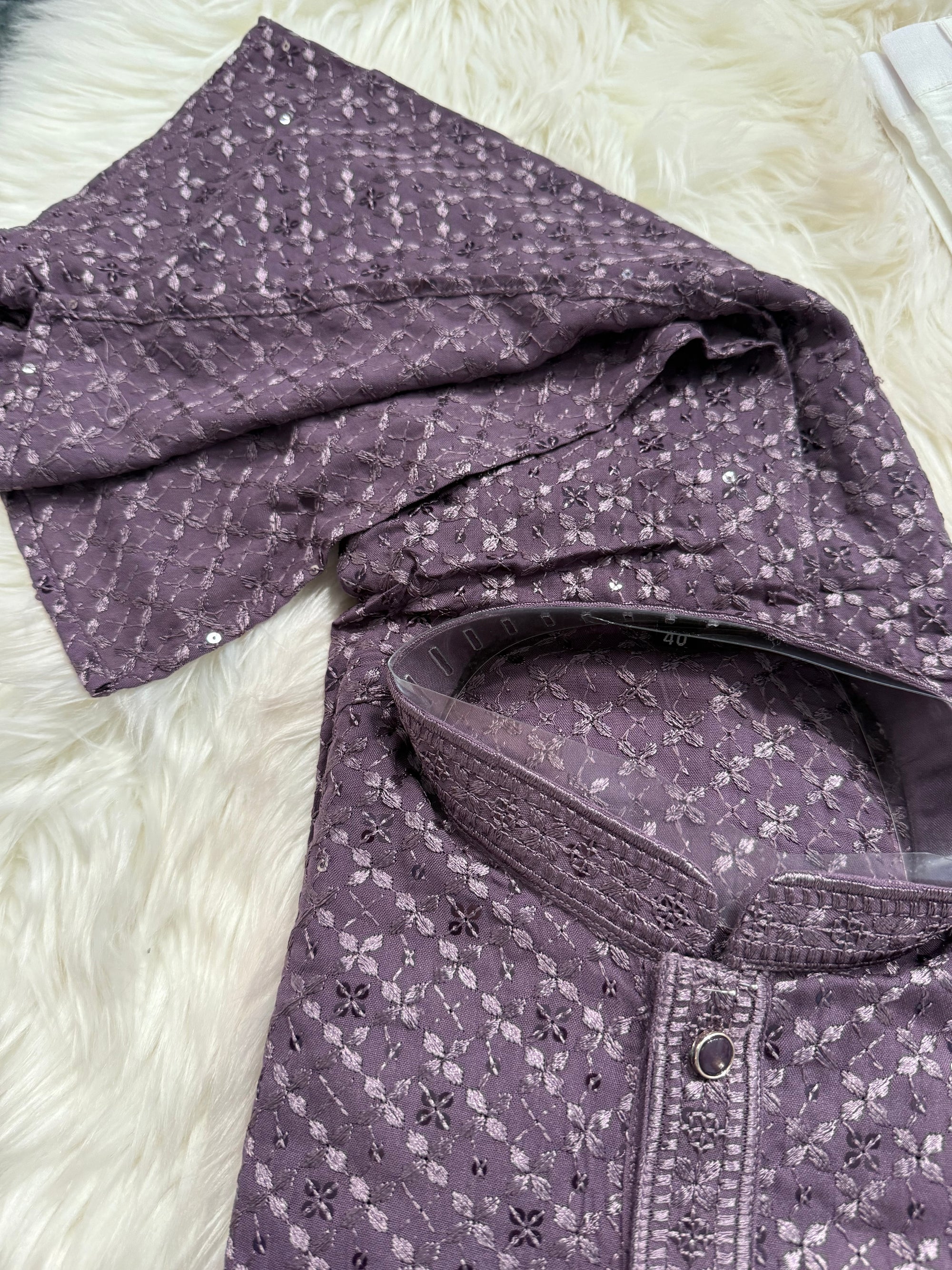 Men’s Designer Chikankari Kurta Pajama Set in Eggplant Purple Shade with Sequin Detailing, Man KP - 1815