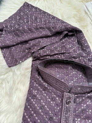 Men’s Designer Chikankari Kurta Pajama Set in Eggplant Purple Shade with Sequin Detailing, Man KP - 1815