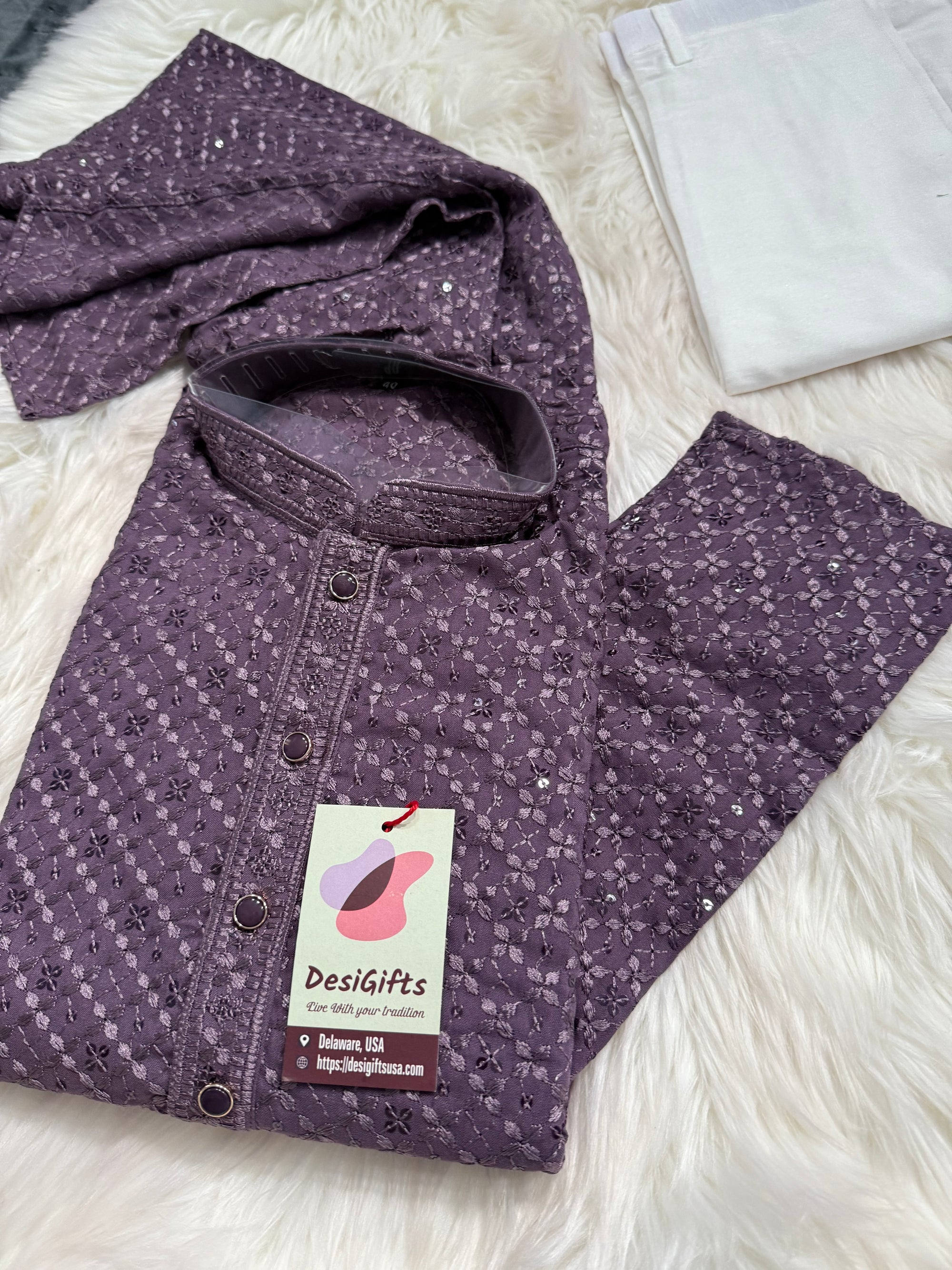 Men’s Designer Chikankari Kurta Pajama Set in Eggplant Purple Shade with Sequin Detailing, Man KP - 1815