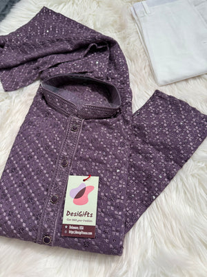 Men’s Designer Chikankari Kurta Pajama Set in Eggplant Purple Shade with Sequin Detailing, Man KP - 1815