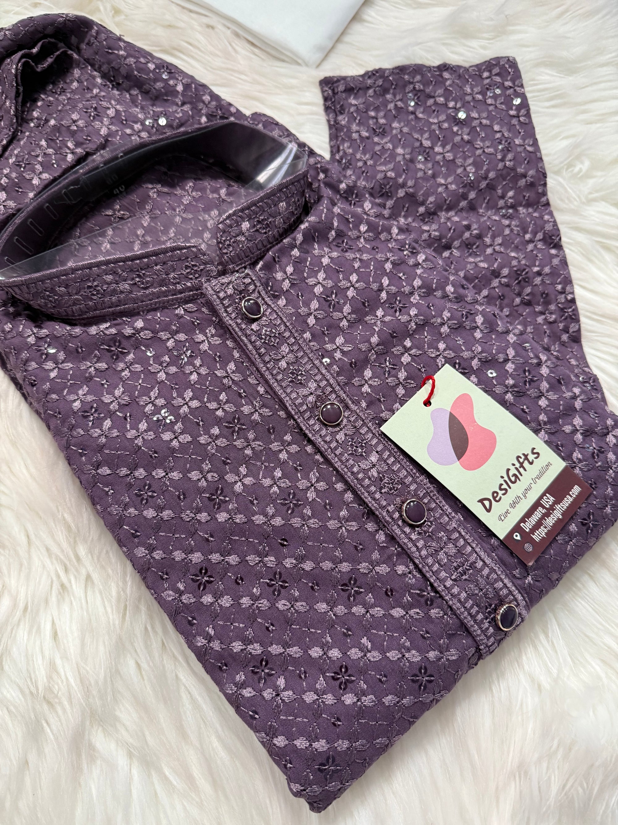 Men’s Designer Chikankari Kurta Pajama Set in Eggplant Purple Shade with Sequin Detailing, Man KP - 1815