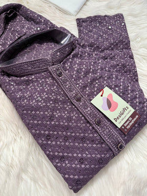 Men’s Designer Chikankari Kurta Pajama Set in Eggplant Purple Shade with Sequin Detailing, Man KP - 1815