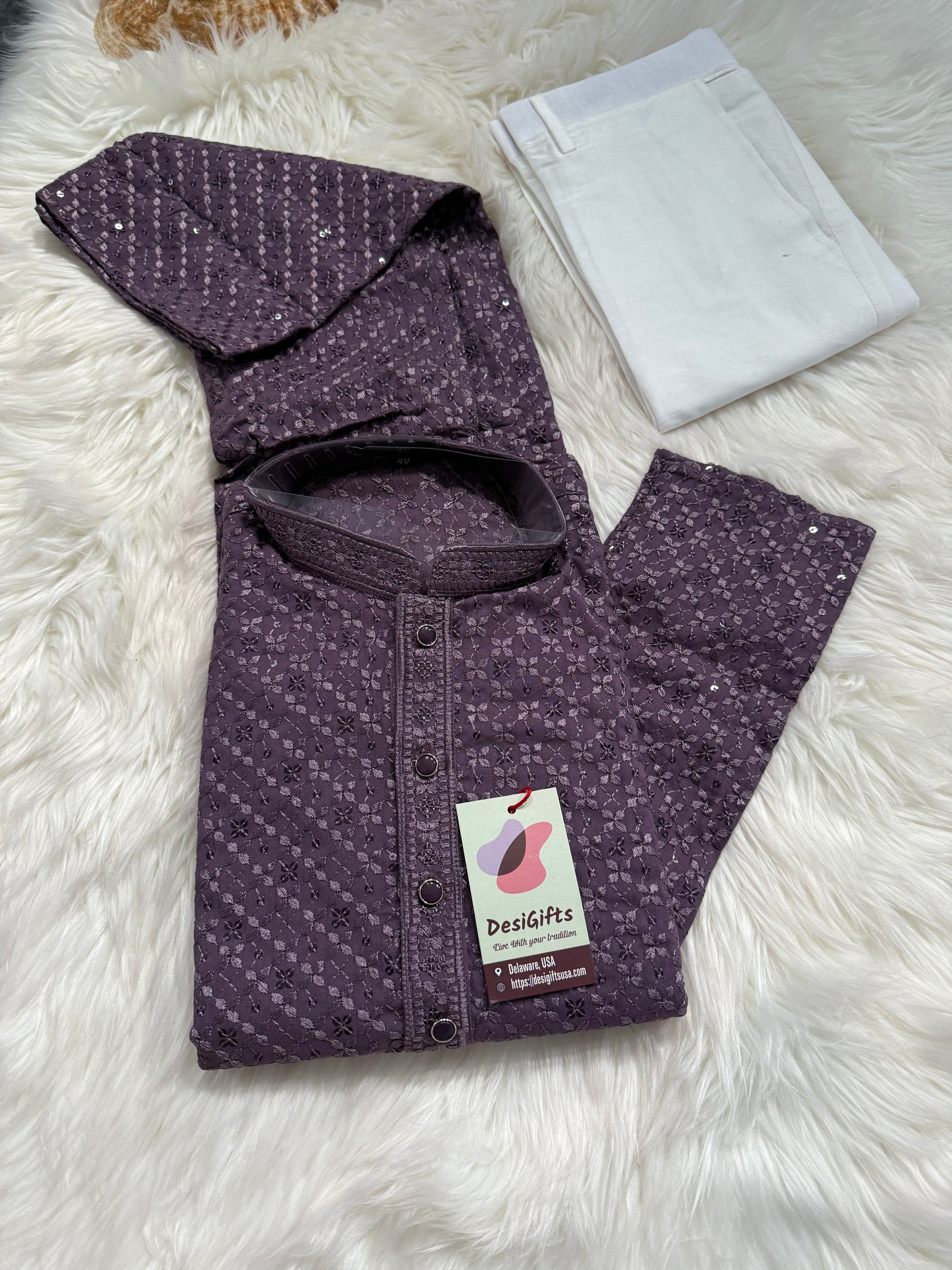 Men’s Designer Chikankari Kurta Pajama Set in Eggplant Purple Shade with Sequin Detailing, Man KP - 1815