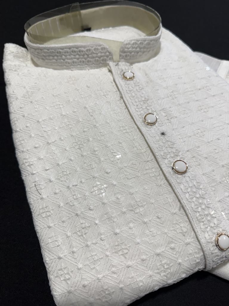 White Chikankari Sequins 2 Piece Soft Kurta Pajama Set for Man, Embroidered Party Man's Wear, KP - 1816