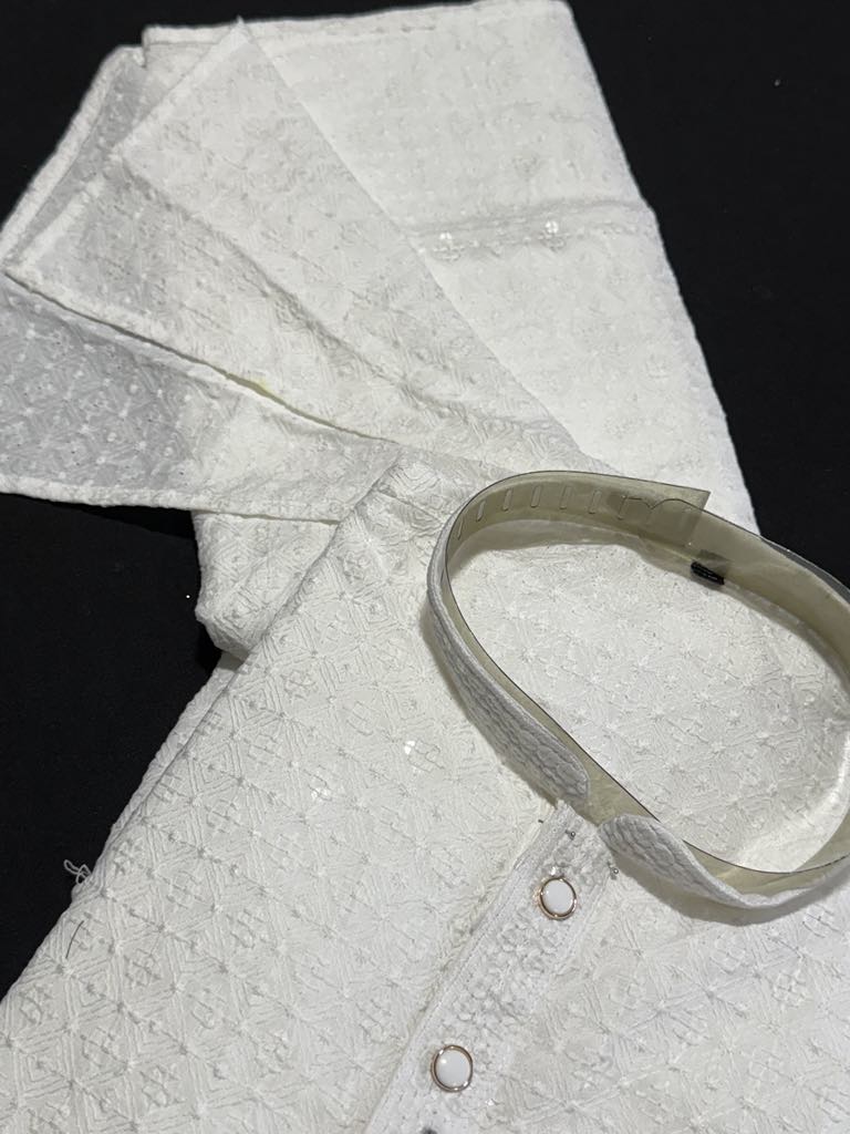 White Chikankari Sequins 2 Piece Soft Kurta Pajama Set for Man, Embroidered Party Man's Wear, KP - 1816