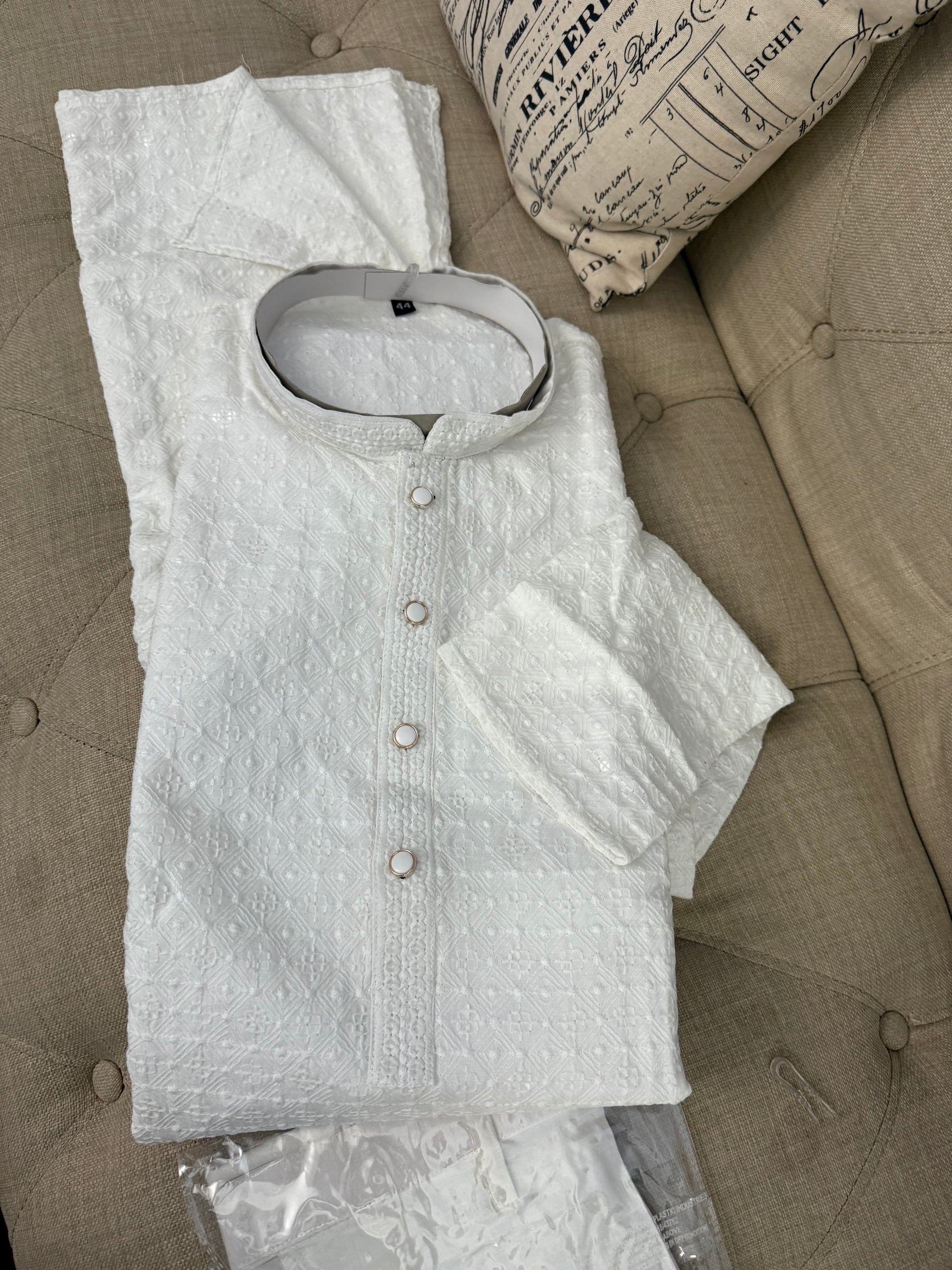 White Chikankari Sequins 2 Piece Soft Kurta Pajama Set for Man, Embroidered Party Man's Wear, KP - 1816