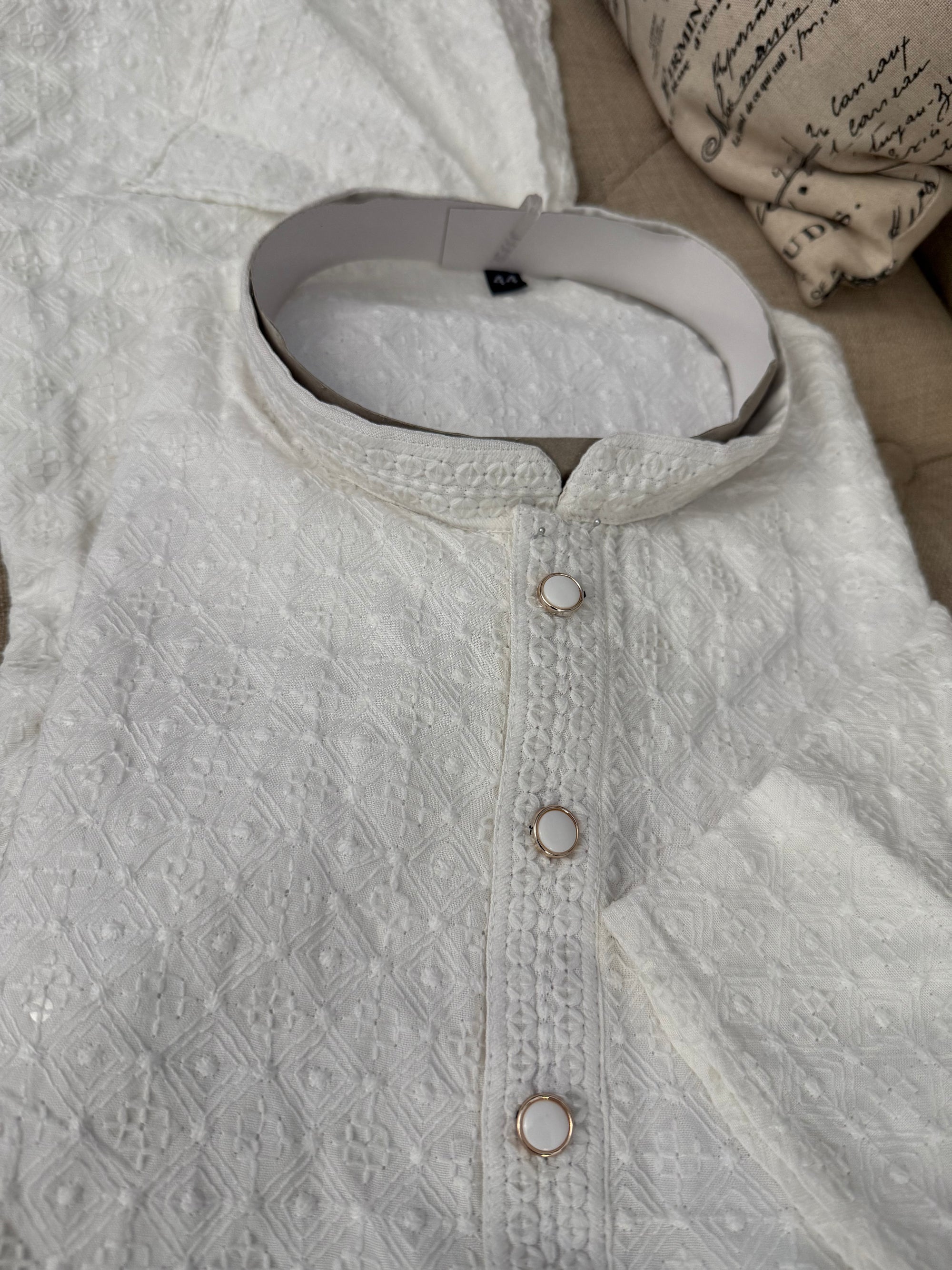 White Chikankari Sequins 2 Piece Soft Kurta Pajama Set for Man, Embroidered Party Man's Wear, KP - 1816