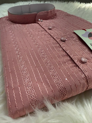 Onion Shade Embroidered with Sequins Work Partywear 2 Piece Indian Kurta Pajama Set for Man, KP - 1818