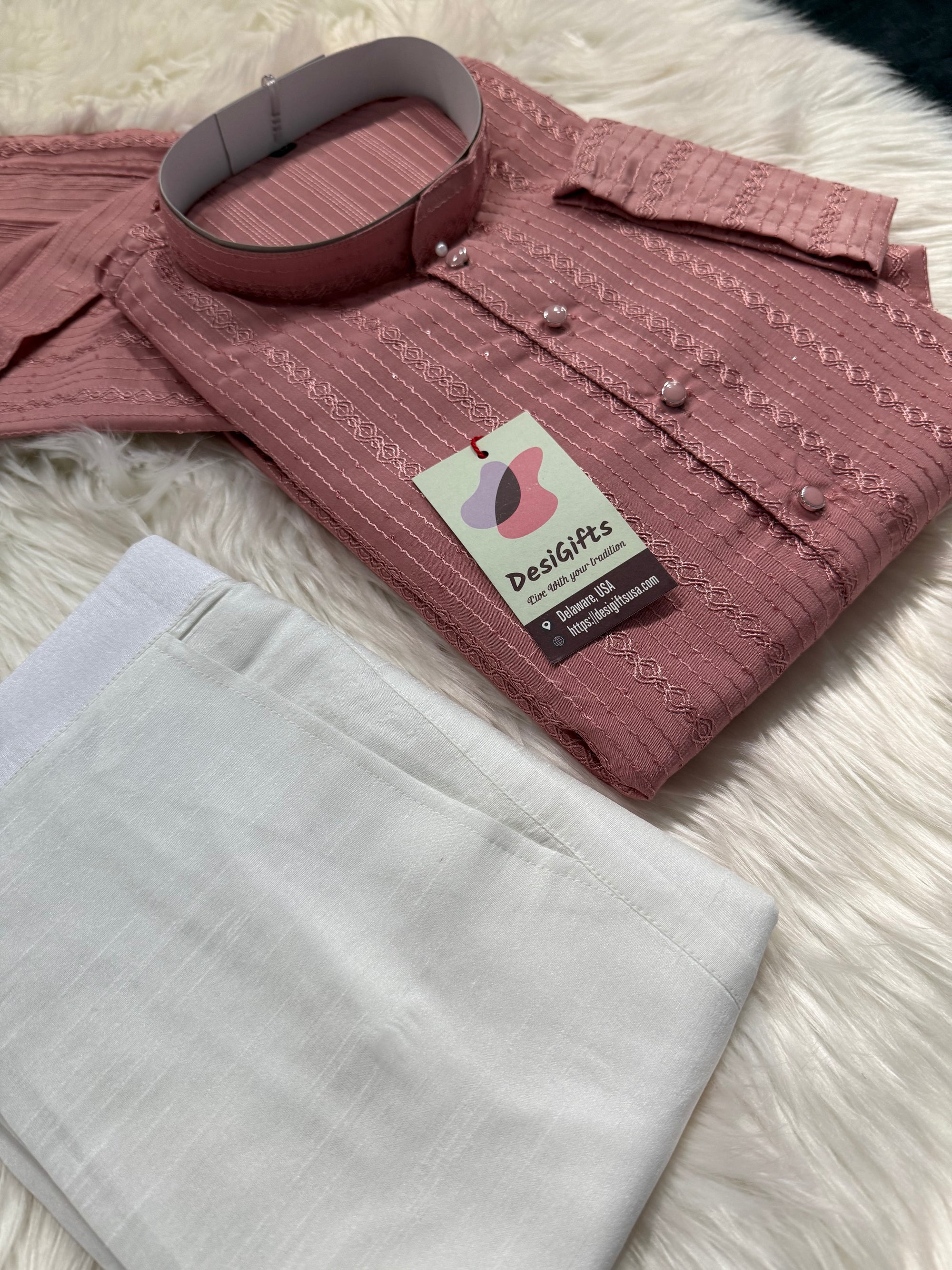 Onion Shade Embroidered with Sequins Work Partywear 2 Piece Indian Kurta Pajama Set for Man, KP - 1818