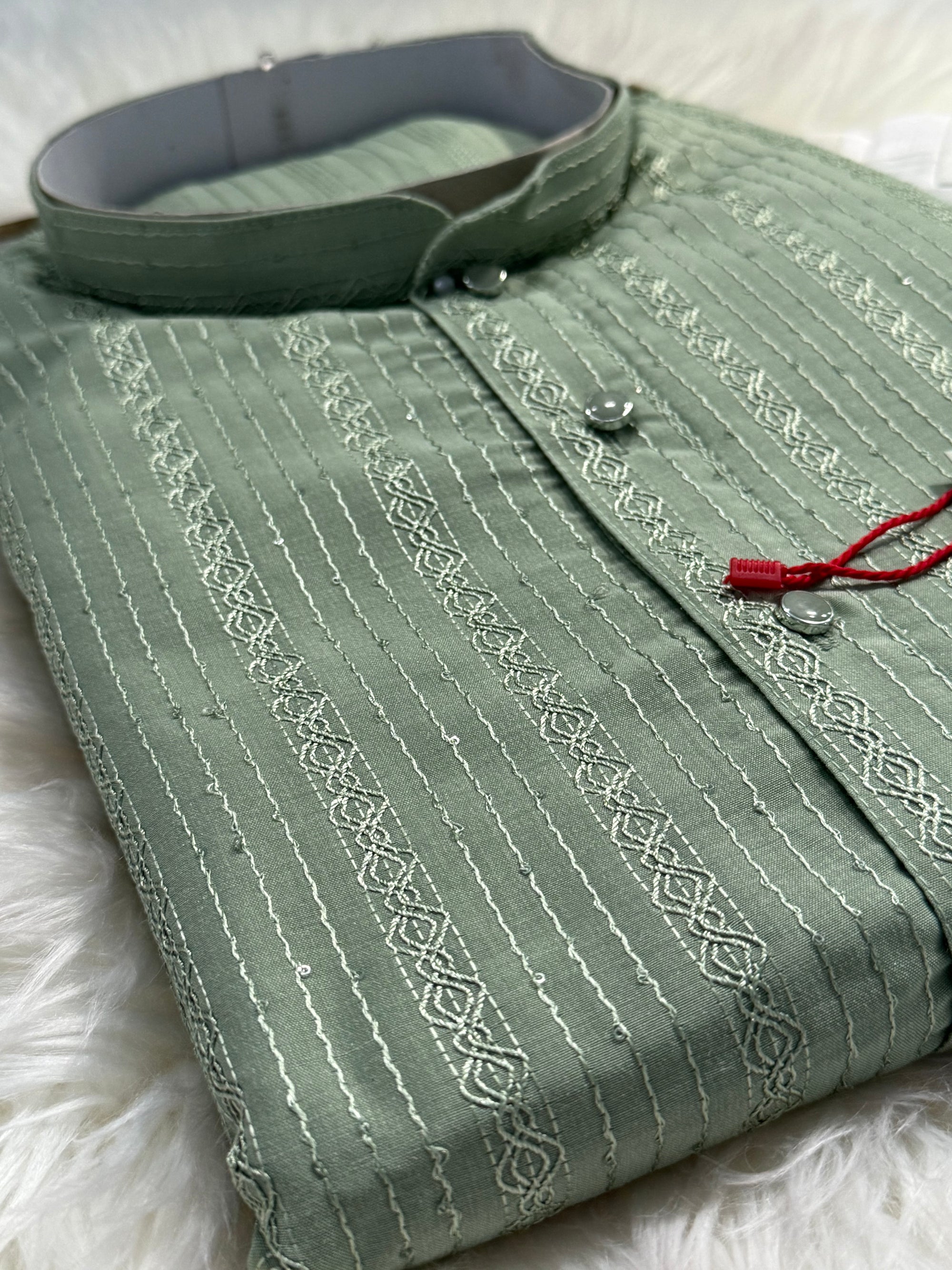 Sage Green Shade Embroidered with Sequins Work Partywear 2 Piece Indian Kurta Pajama Set for Man, KP - 1819