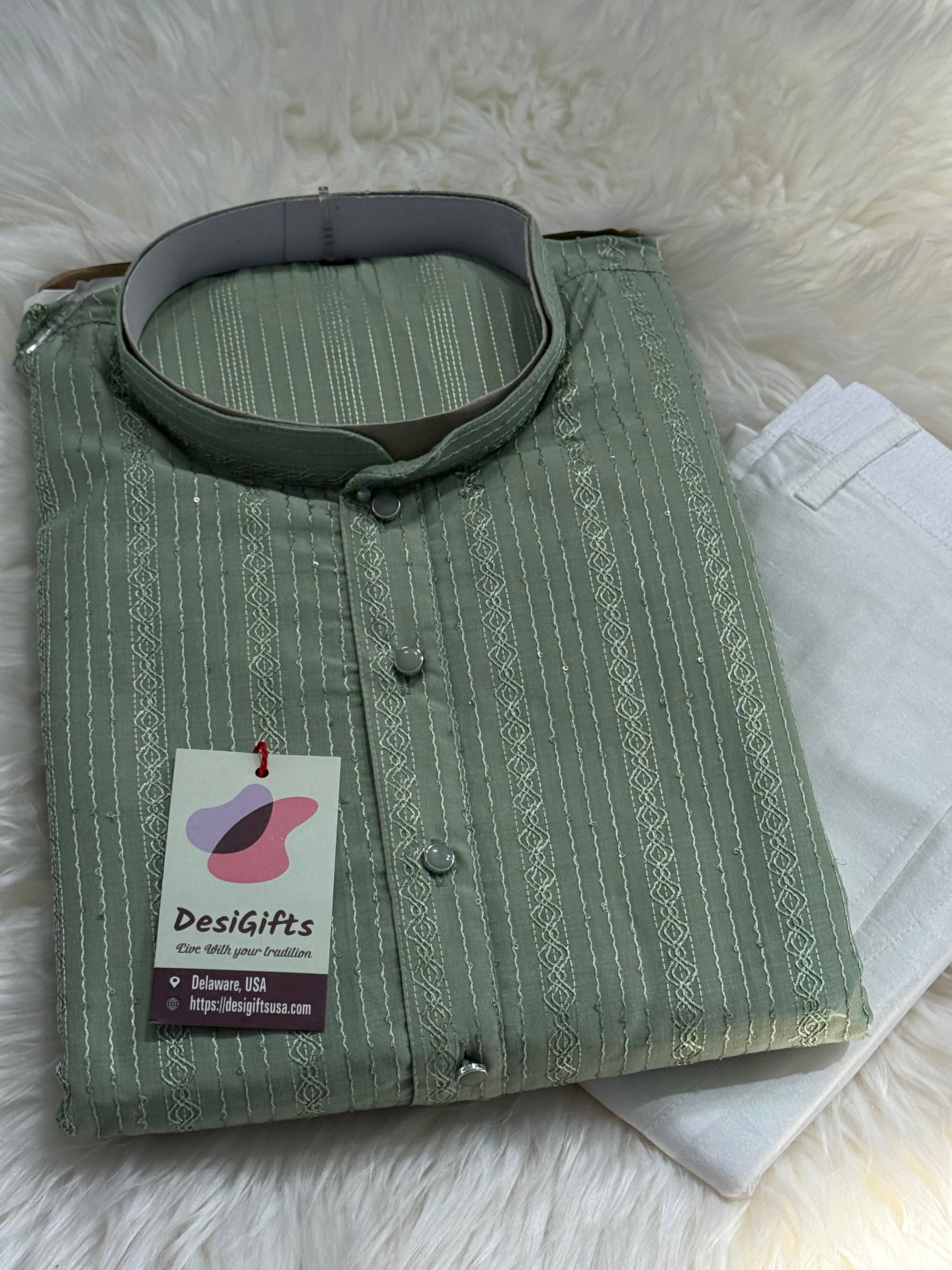 Sage Green Shade Embroidered with Sequins Work Partywear 2 Piece Indian Kurta Pajama Set for Man, KP - 1819