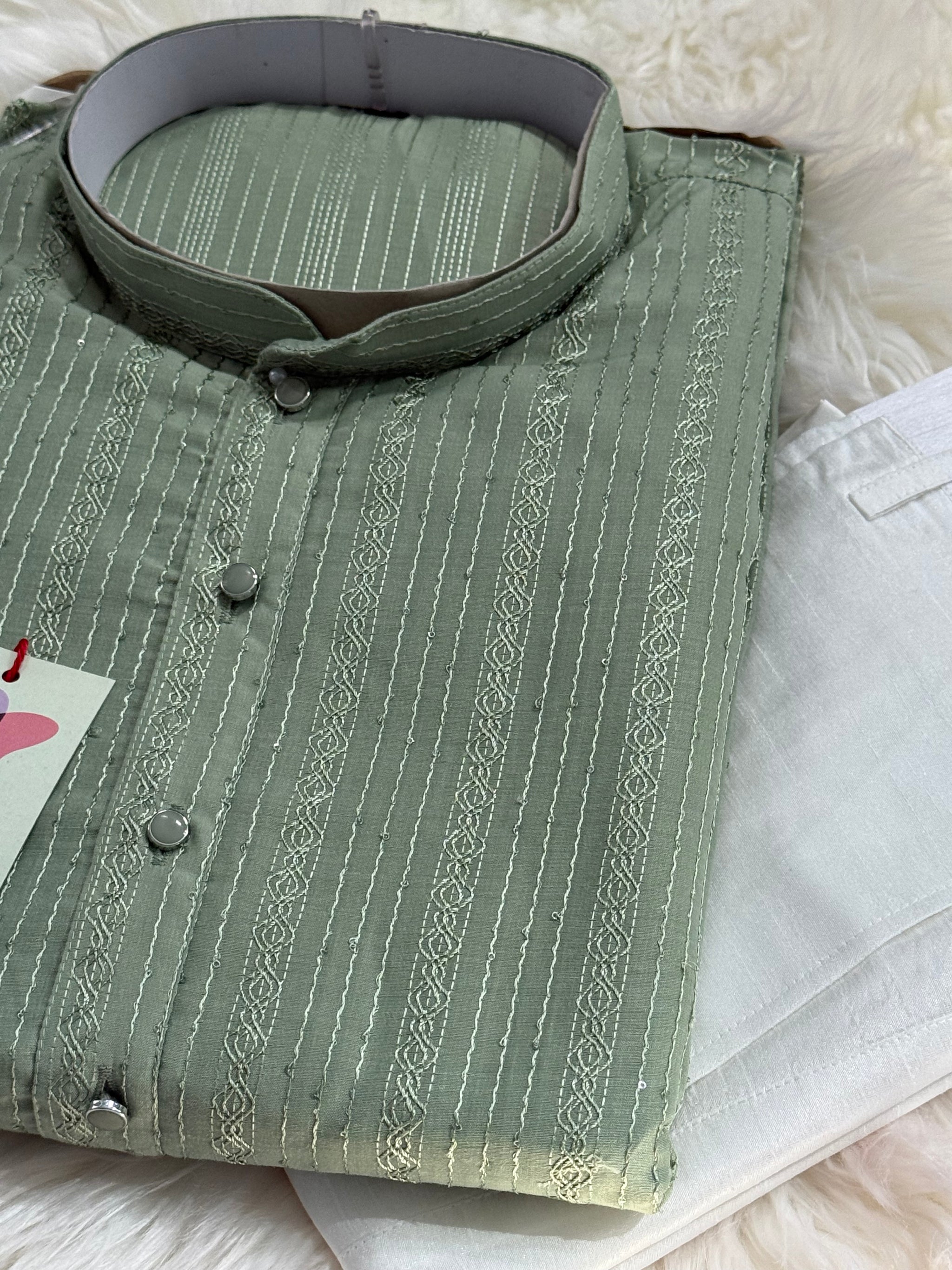 Plus Size, Sage Green Shade Embroidered with Sequins Work Partywear 2 Piece Indian Kurta Pajama Set for Man, KP - 1819 Size 46 / Green Plus Size, Sage Green Shade Embroidered with Sequins Work Partywear 2 Piece Indian Kurta Pajama Set for Man, KP - 1819 Size 46 / Green