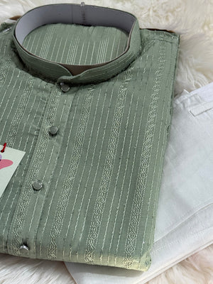 Sage Green Shade Embroidered with Sequins Work Partywear 2 Piece Indian Kurta Pajama Set for Man, KP - 1819