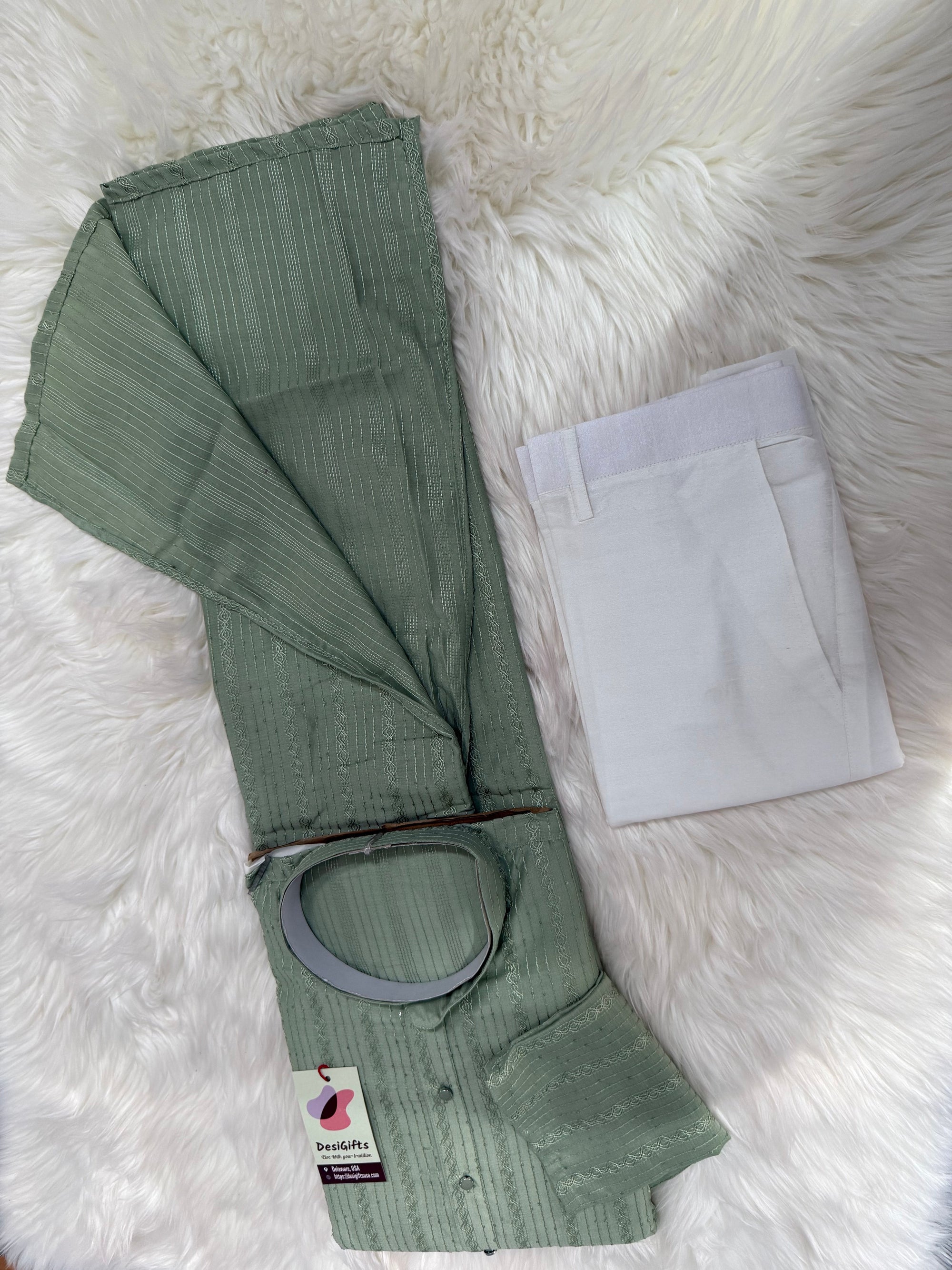 Sage Green Shade Embroidered with Sequins Work Partywear 2 Piece Indian Kurta Pajama Set for Man, KP - 1819
