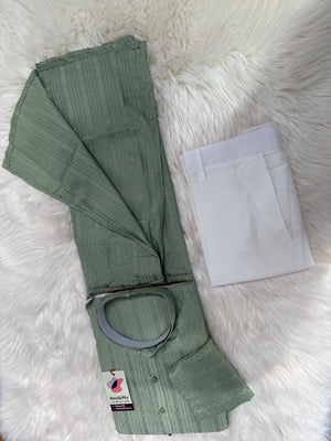 Sage Green Shade Embroidered with Sequins Work Partywear 2 Piece Indian Kurta Pajama Set for Man, KP - 1819