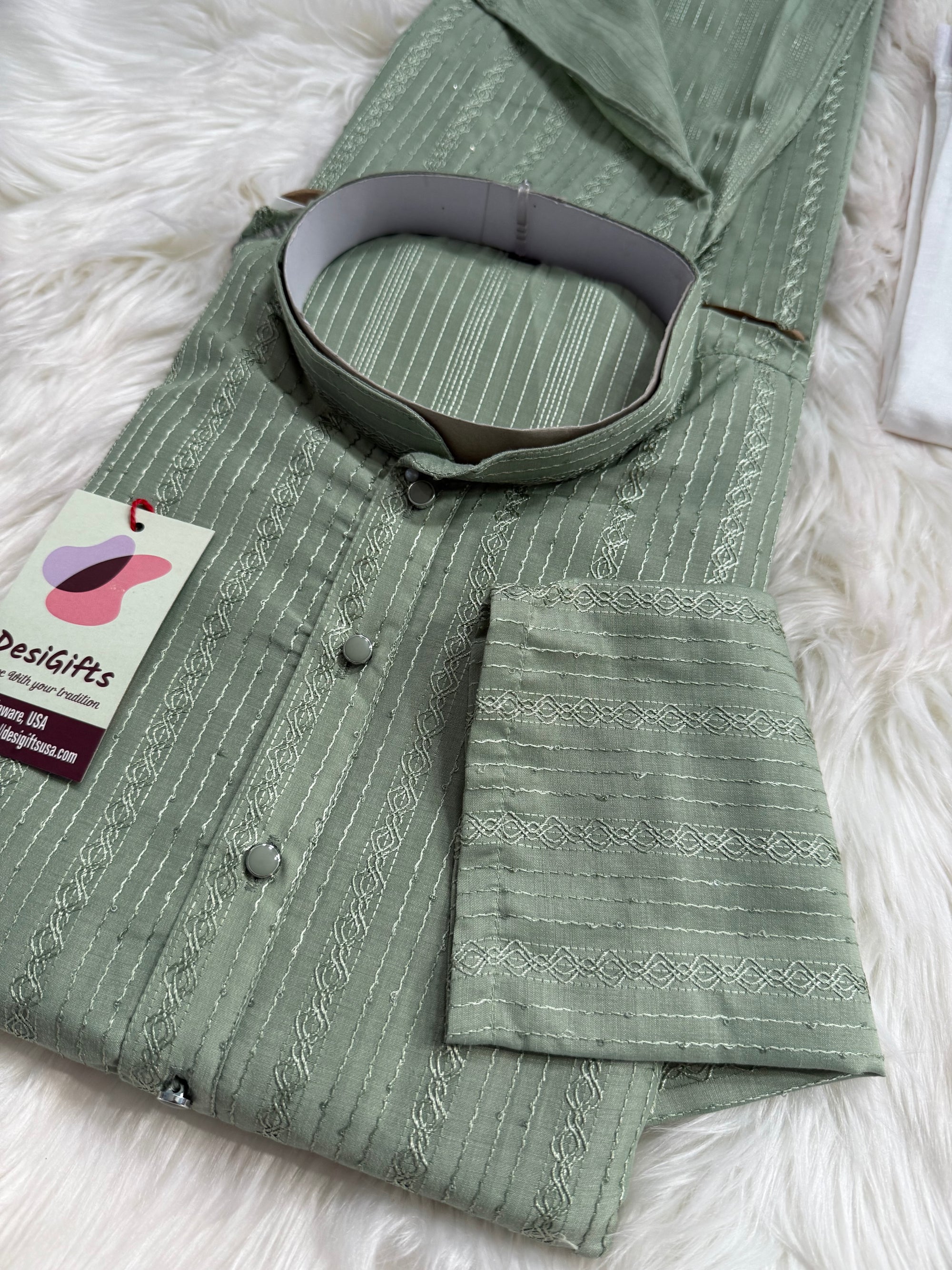 Sage Green Shade Embroidered with Sequins Work Partywear 2 Piece Indian Kurta Pajama Set for Man, KP - 1819