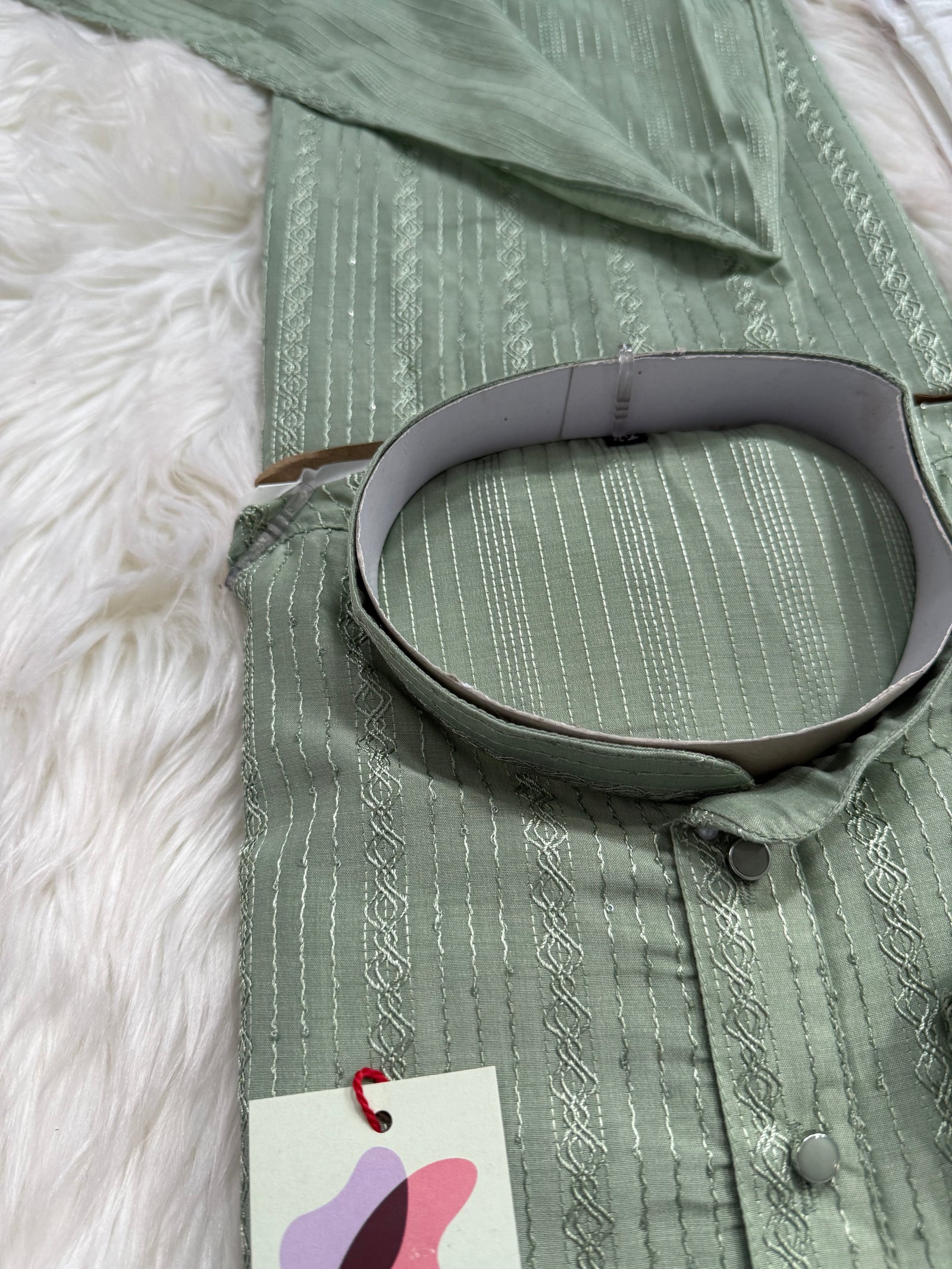 Sage Green Shade Embroidered with Sequins Work Partywear 2 Piece Indian Kurta Pajama Set for Man, KP - 1819