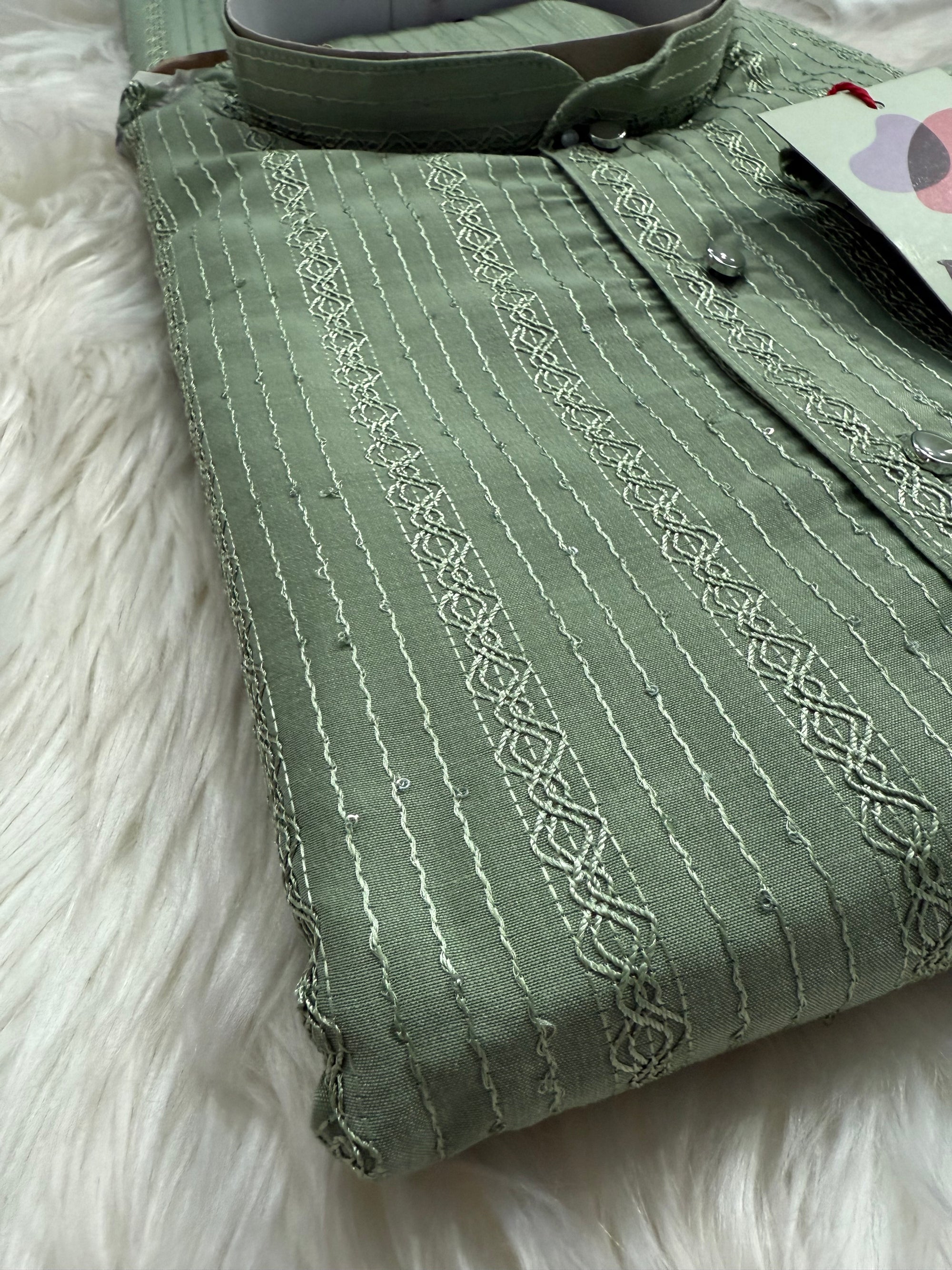 Sage Green Shade Embroidered with Sequins Work Partywear 2 Piece Indian Kurta Pajama Set for Man, KP - 1819