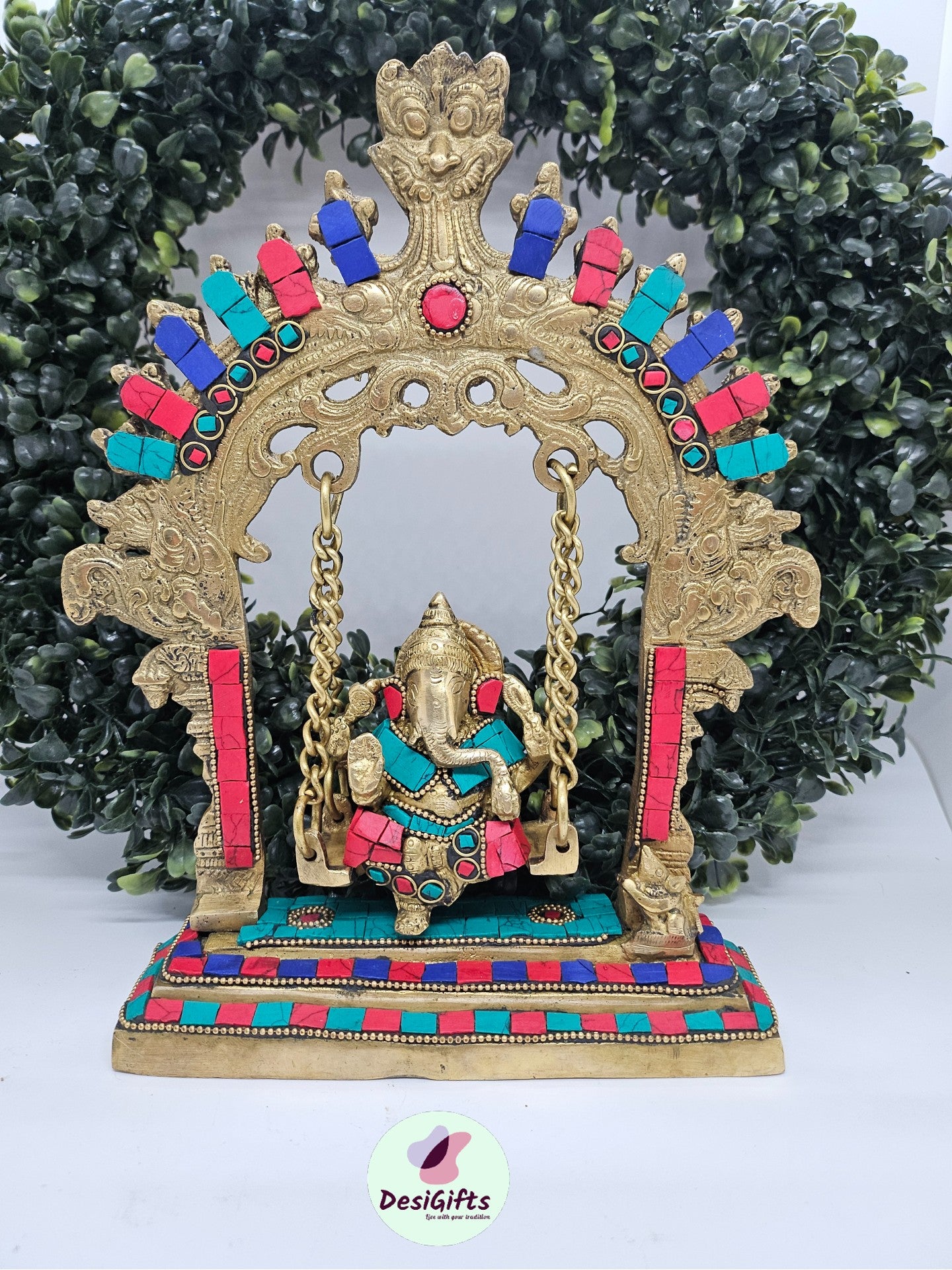 10" Lord Ganesha Swing Set,  Multicolor Stone Handwork Ganesha Idol/ Statue, Ganesha Jhoola Pooja and Home Décor, GSSB#181