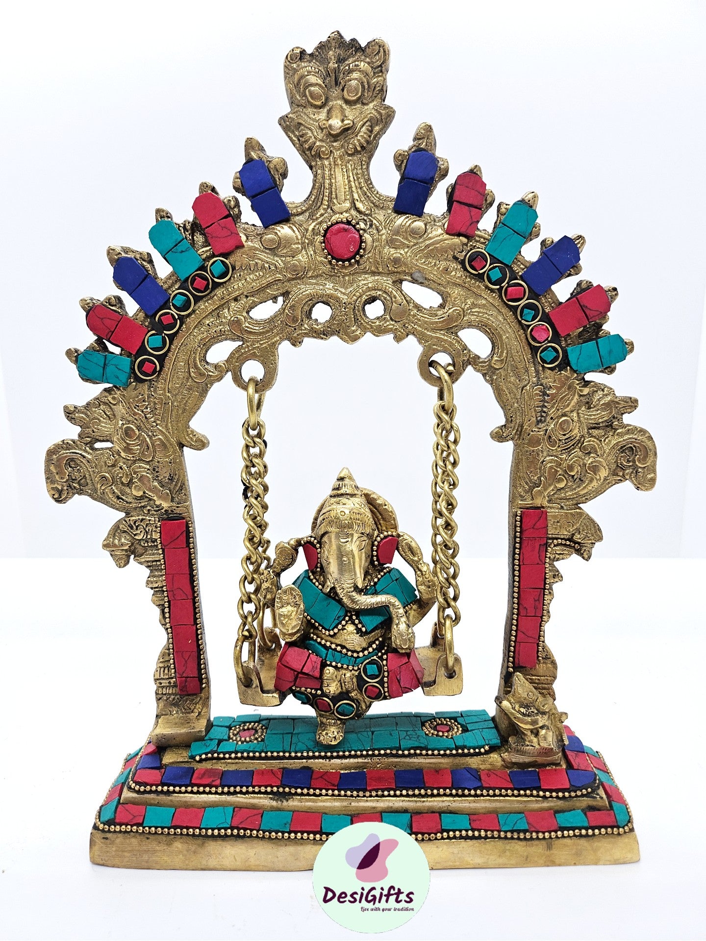 10" Lord Ganesha Swing Set,  Multicolor Stone Handwork Ganesha Idol/ Statue, Ganesha Jhoola Pooja and Home Décor, GSSB#181