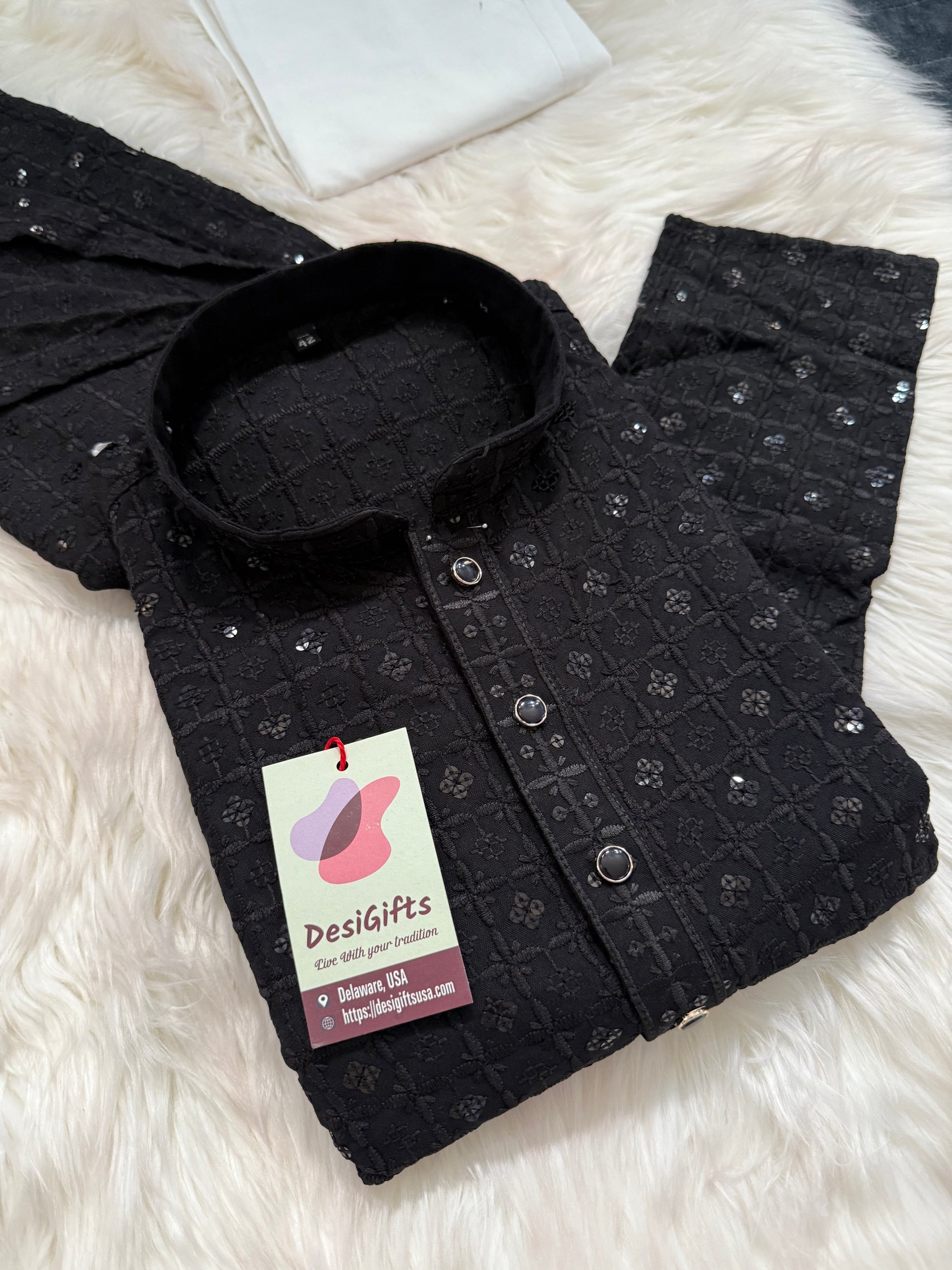 Classic Kurta Pajama Set for Man in Black Shade, Chikankari Embroidery with Sequins Pattern, Indian Party wear, KP - 1820