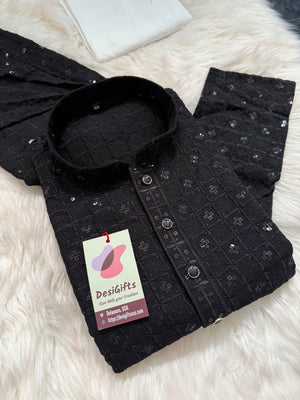 Classic Kurta Pajama Set for Man in Black Shade, Chikankari Embroidery with Sequins Pattern, Indian Party wear, KP - 1820