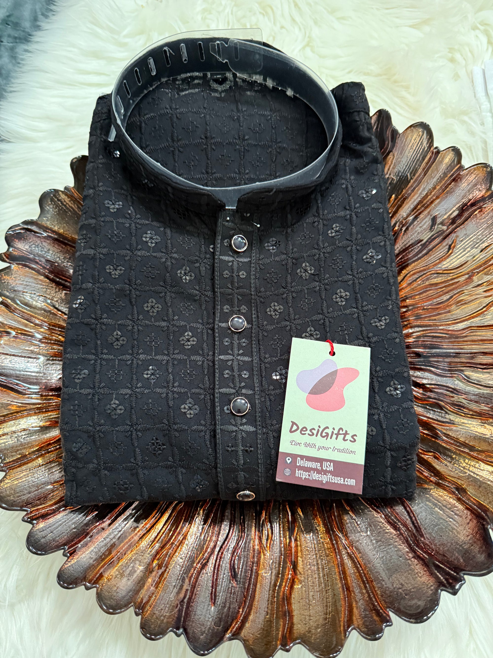 Classic Kurta Pajama Set for Man in Black Shade, Chikankari Embroidery with Sequins Pattern, Indian Party wear, KP - 1820