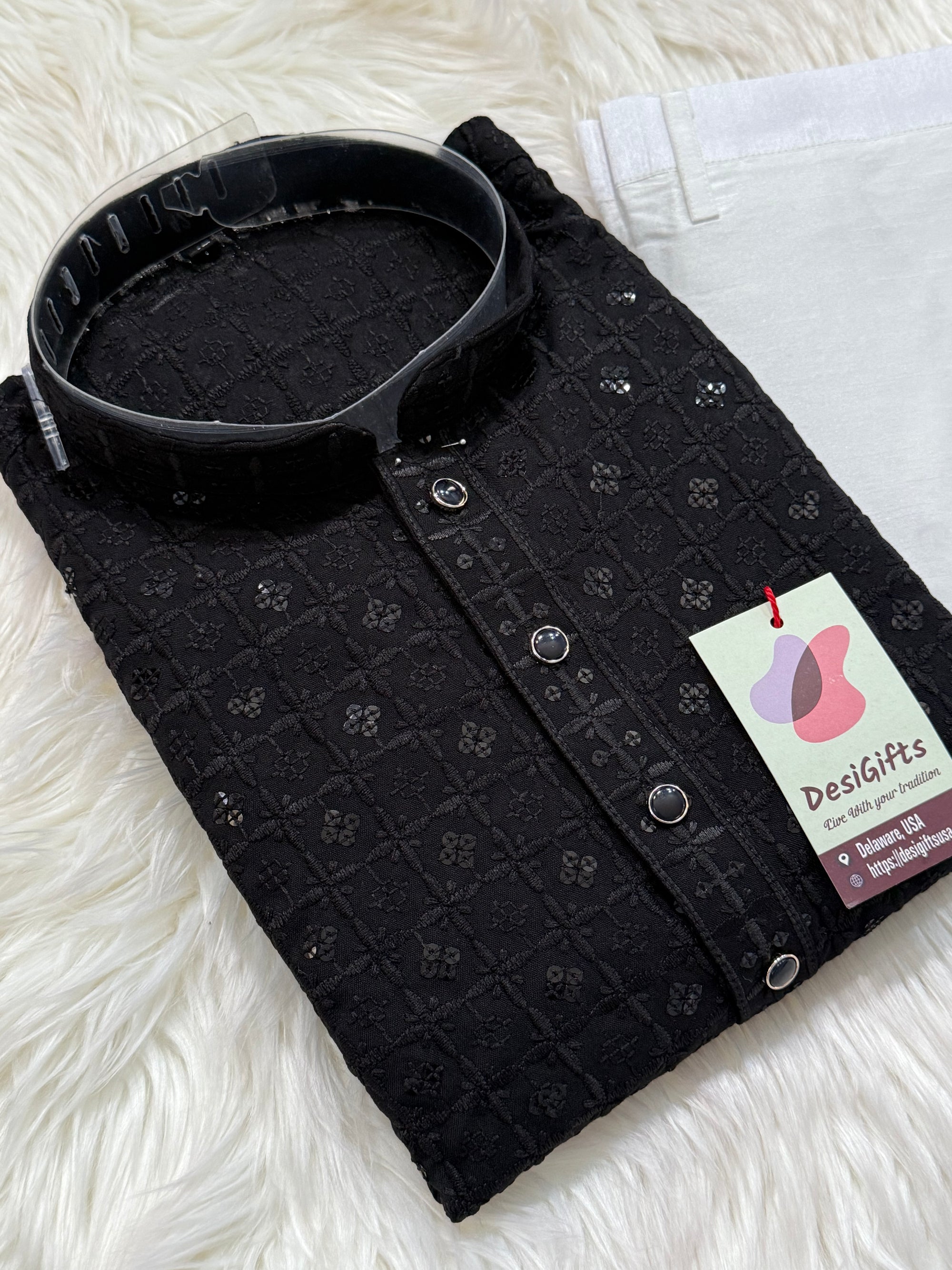 Classic Kurta Pajama Set for Man in Black Shade, Chikankari Embroidery with Sequins Pattern, Indian Party wear, KP - 1820
