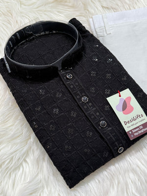 Classic Kurta Pajama Set for Man in Black Shade, Chikankari Embroidery with Sequins Pattern, Indian Party wear, KP - 1820