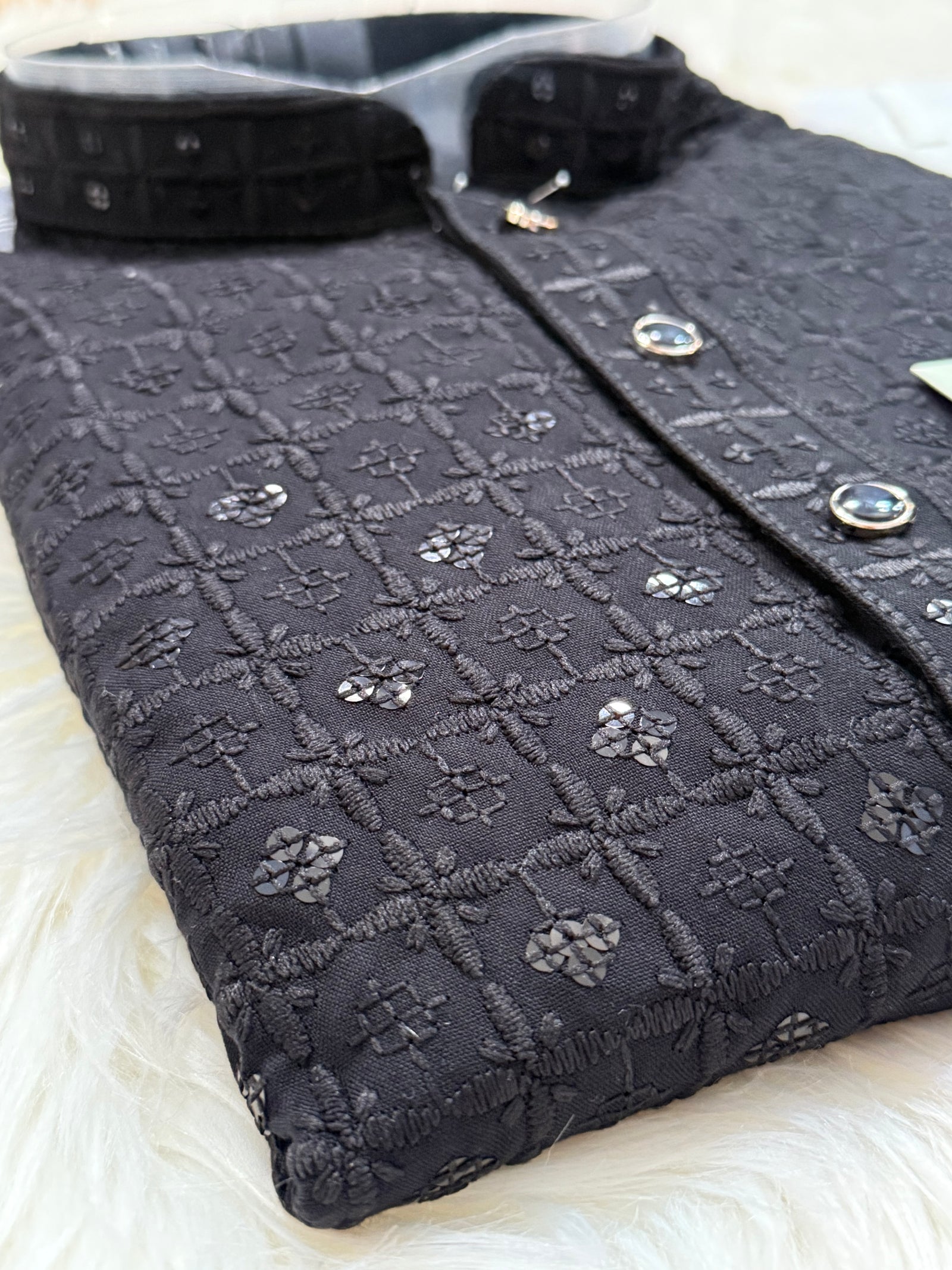 Classic Kurta Pajama Set for Man in Black Shade, Chikankari Embroidery with Sequins Pattern, Indian Party wear, KP - 1820