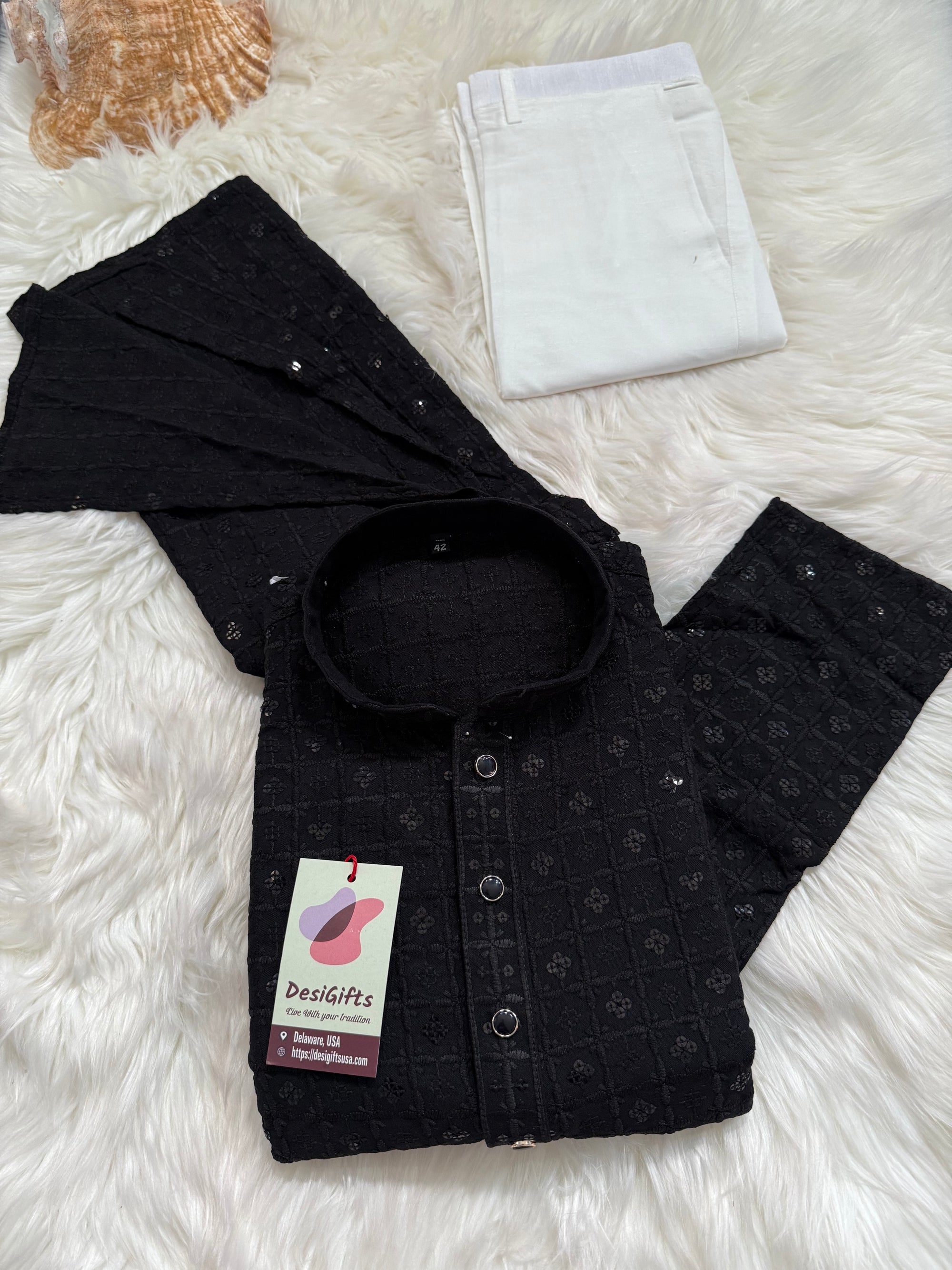 Classic Kurta Pajama Set for Man in Black Shade, Chikankari Embroidery with Sequins Pattern, Indian Party wear, KP - 1820