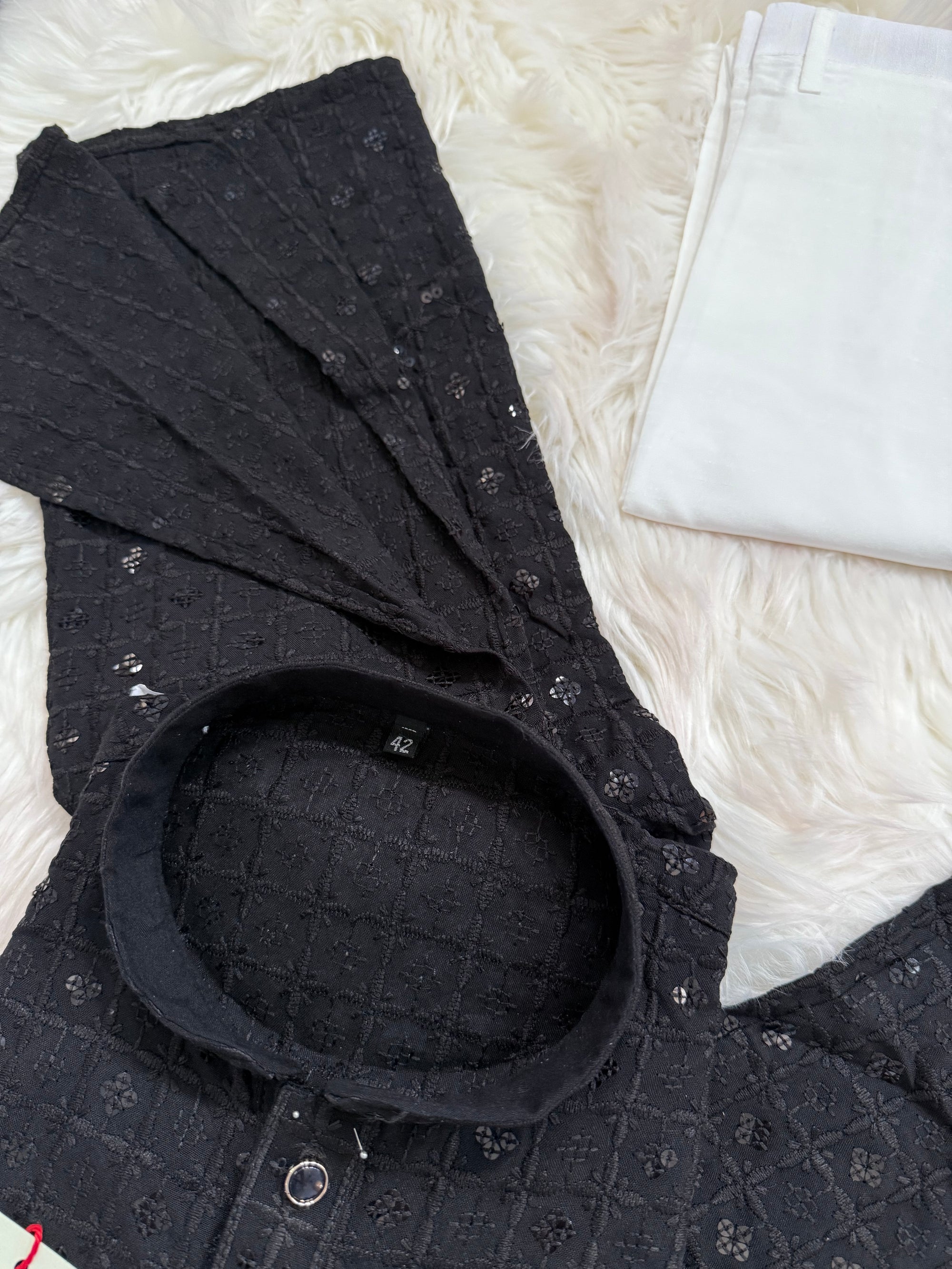 Classic Kurta Pajama Set for Man in Black Shade, Chikankari Embroidery with Sequins Pattern, Indian Party wear, KP - 1820