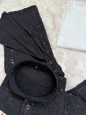 Classic Kurta Pajama Set for Man in Black Shade, Chikankari Embroidery with Sequins Pattern, Indian Party wear, KP - 1820