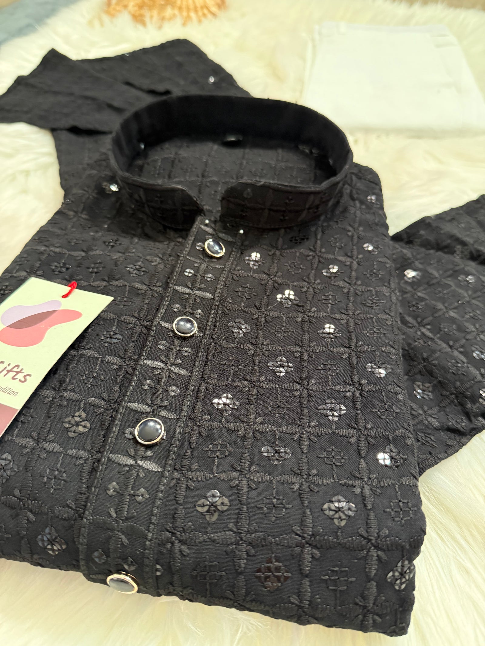 Classic Kurta Pajama Set for Man in Black Shade, Chikankari Embroidery with Sequins Pattern, Indian Party wear, KP - 1820