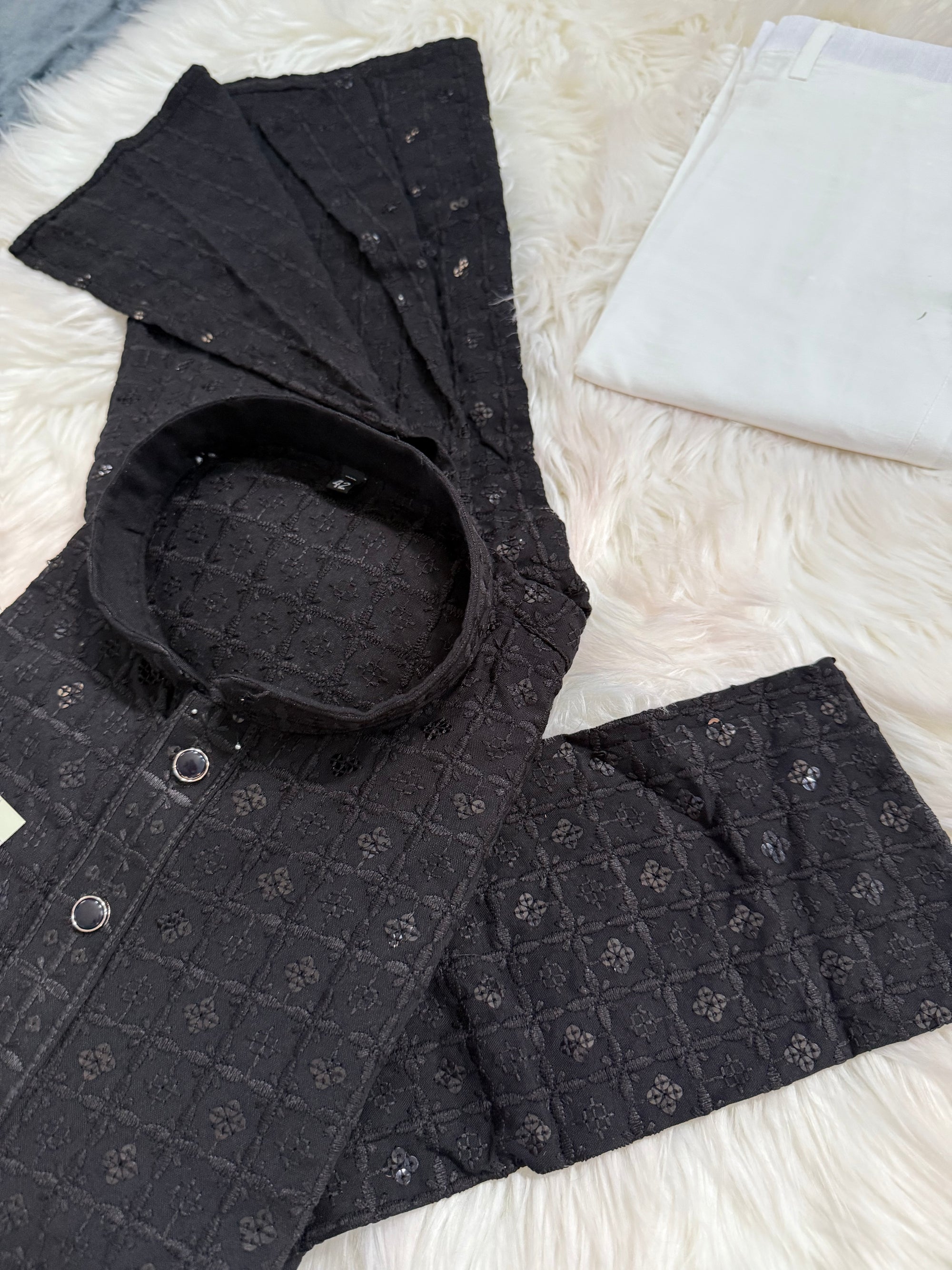 Classic Kurta Pajama Set for Man in Black Shade, Chikankari Embroidery with Sequins Pattern, Indian Party wear, KP - 1820