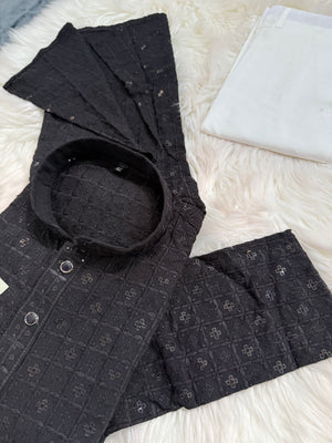 Classic Kurta Pajama Set for Man in Black Shade, Chikankari Embroidery with Sequins Pattern, Indian Party wear, KP - 1820